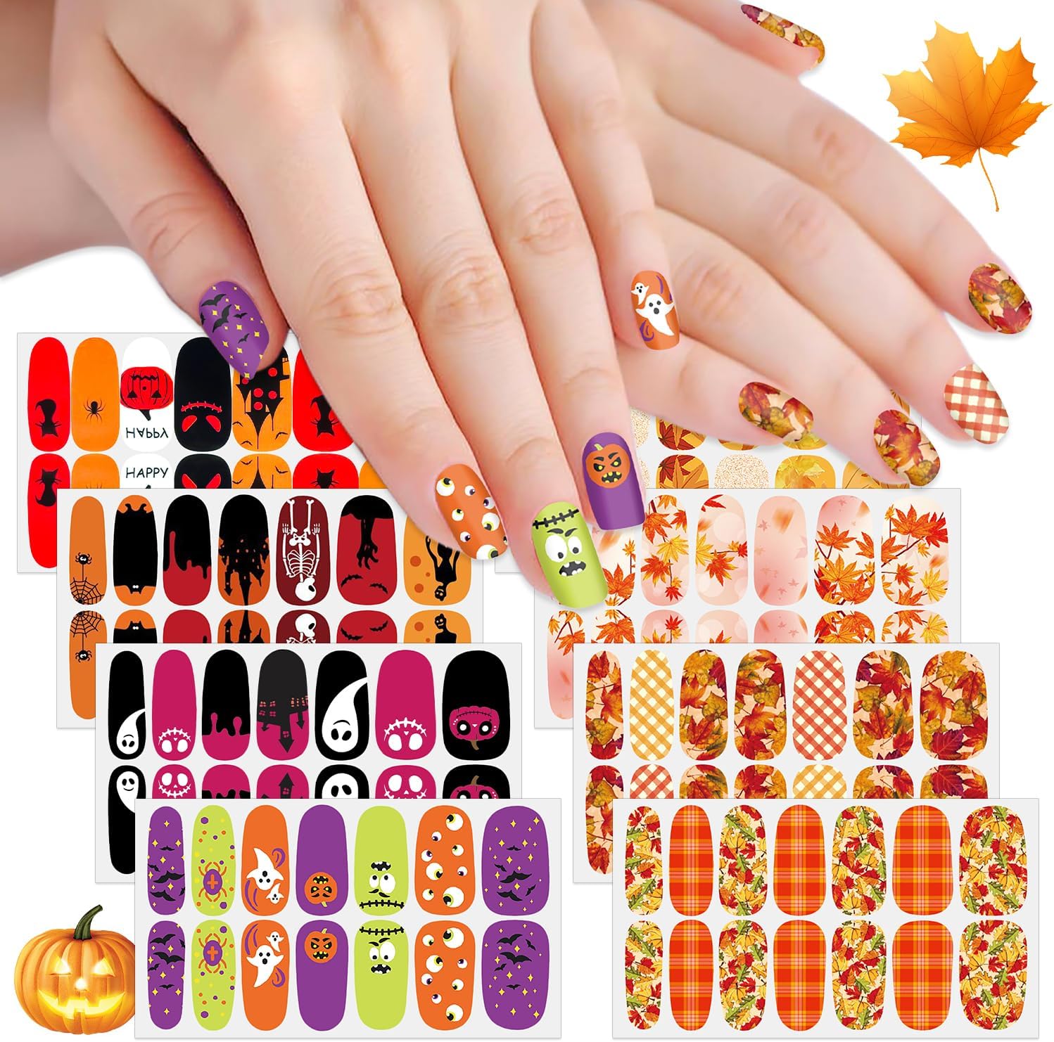 SILPECWEE 8 Sheets Fall and Halloween Nail Polish Stickers