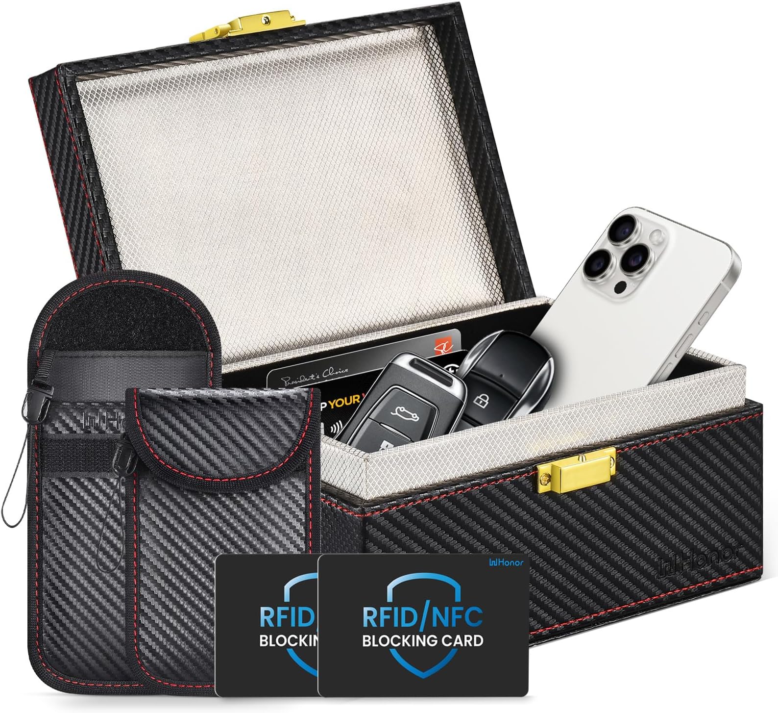 WHonor Faraday Box and Pouch 2 Pack and RFID Blocking Card 2 Pack, Keyless Car Key Signal Blocker Box, Anti-Theft RFID Blocking Key Box Faraday Cage