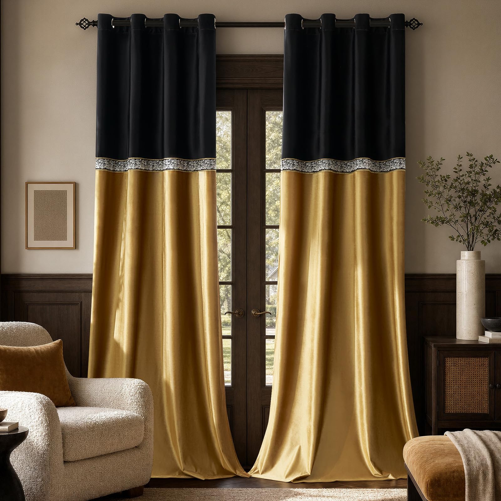 GIGIZAZA Velvet Curtains Black Gold: 2 Panels for Bedroom 66 x 72 Inches Elegant Top Eyelet Blackout Curtains - Living Room Soft Energy Savings Embroidered Curtains,Luxury Aesthetic — image 1