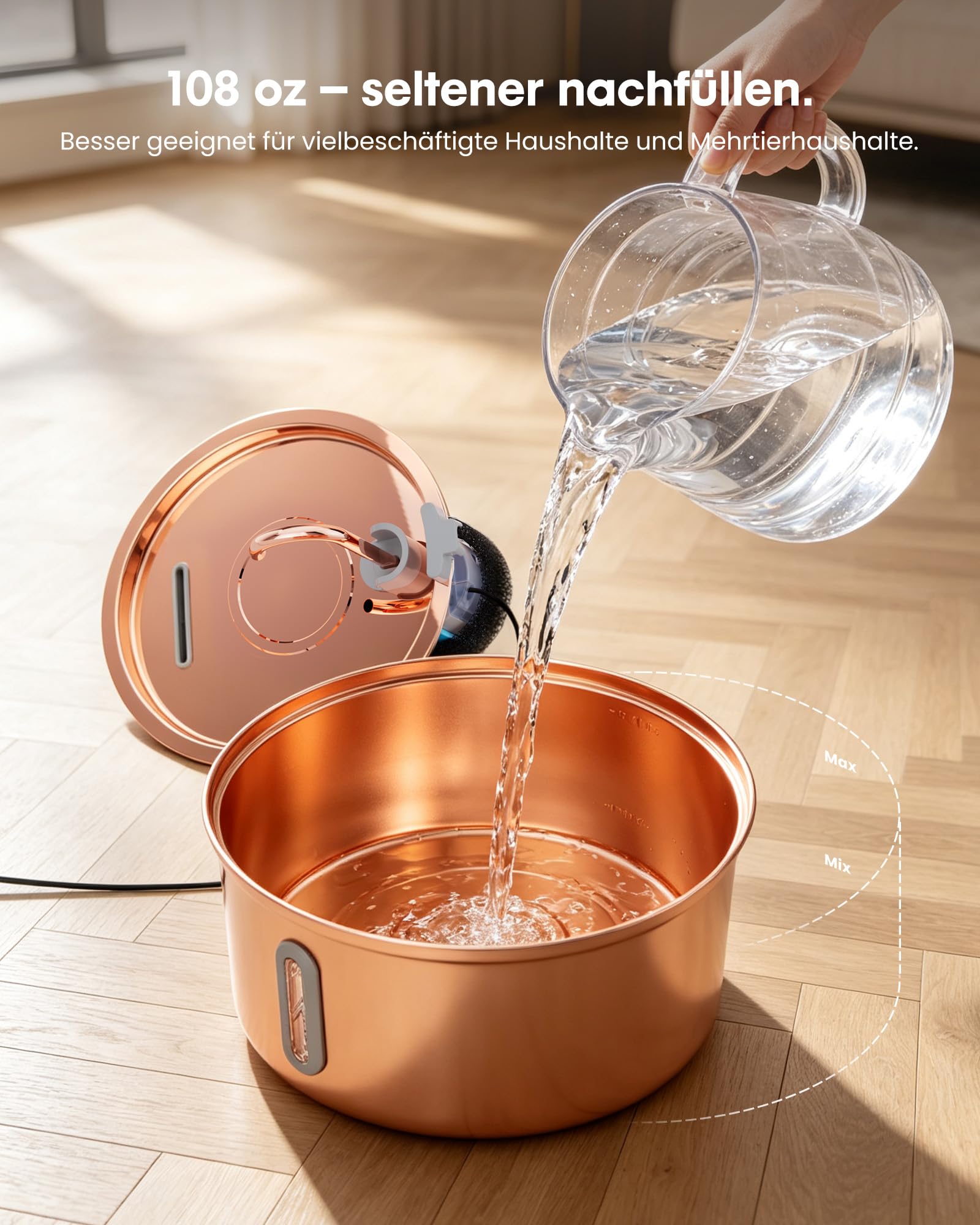 Kittyspout Katzenbrunnen 3,2L aus Edelstahl, mit 3 Filtern und Sichtfenster | Besonders leiser Trinkbrunnen für Katzen und kleine Hunde mit sanfter LED-Beleuchtung, Kupferoberfläche