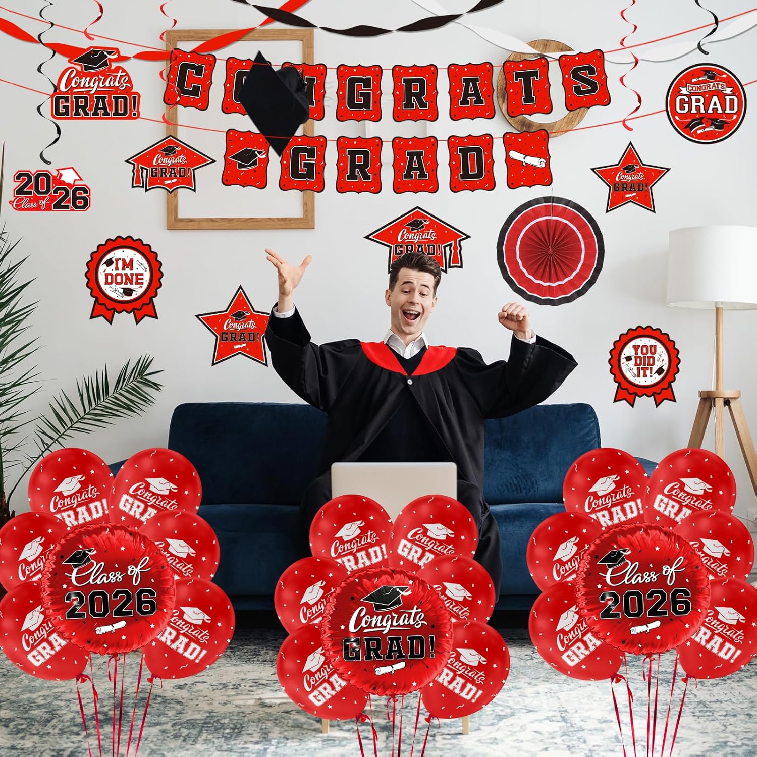 Red Themed 2026 Graduation Decorations Set - Congrats Grad Banner, Class of 2026Backdrop, Balloons & Streamers Kit - Complete Party Supplies for High School & College Celebrations - Image 8