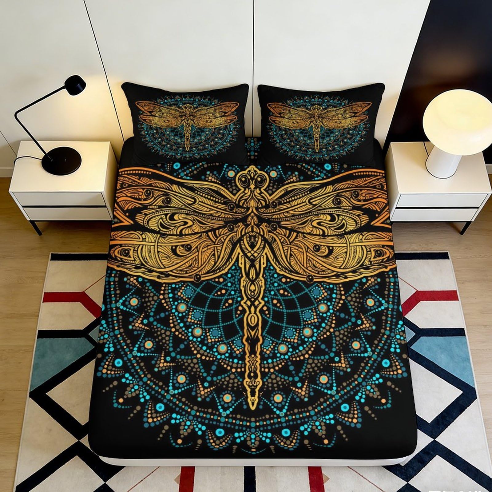 3D Printed Golden Dragonfly Fitted Sheet Microfiber Soft Mandala Bed Cover for Bedroom Dorm Mattress Protection Decor 90x200x25cm