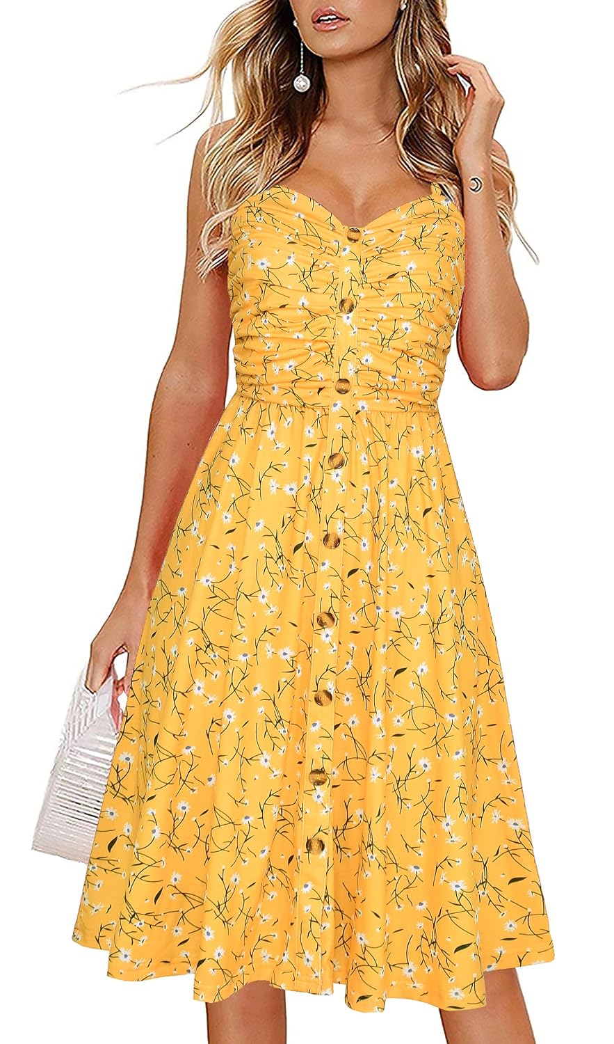 Drimmaks Women's Summer Casual Dress Florals Buttons Down Ruched Sweetheart Neck Sleeveless Midi Sundress - Review, Price and Buying Guide