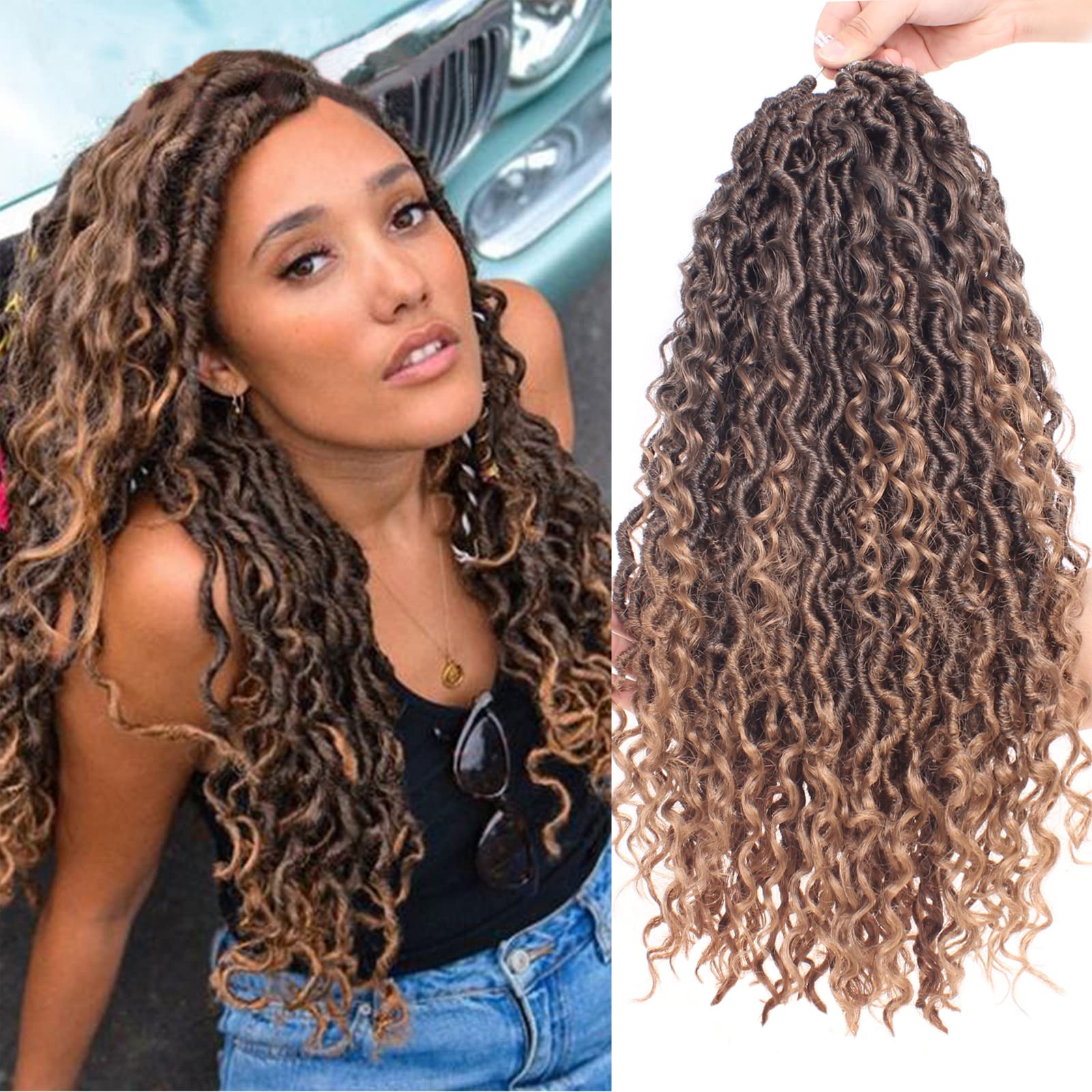 Xtrend 18Inch 7 Packs 16Strands/pack River Goddess Faux Locs Crochet Hair With Curly Hair In Middle And Ends Pre-Looped Crochet Braids Messy Bohemian Fuax Locs Hair Extensions T27#