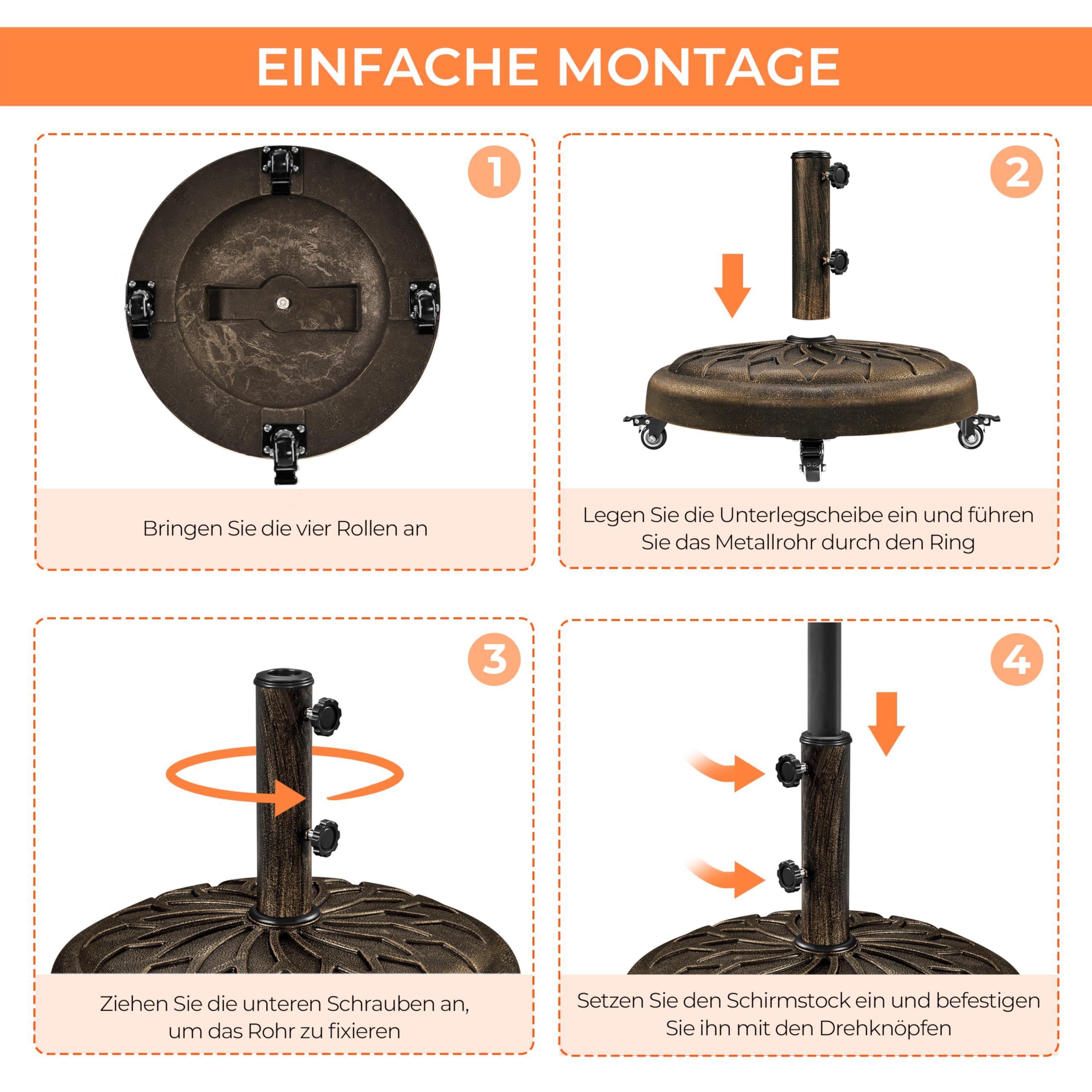 Yaheetech 24,7 kg Sonnenschirmständer mit Rollen ø50,6 cm Schirmständer Sonnenschirm Stabiler Schirmhalter für Schirmstangen von 34/38/48 mm für Garten/Balkon/Strand, Bronze