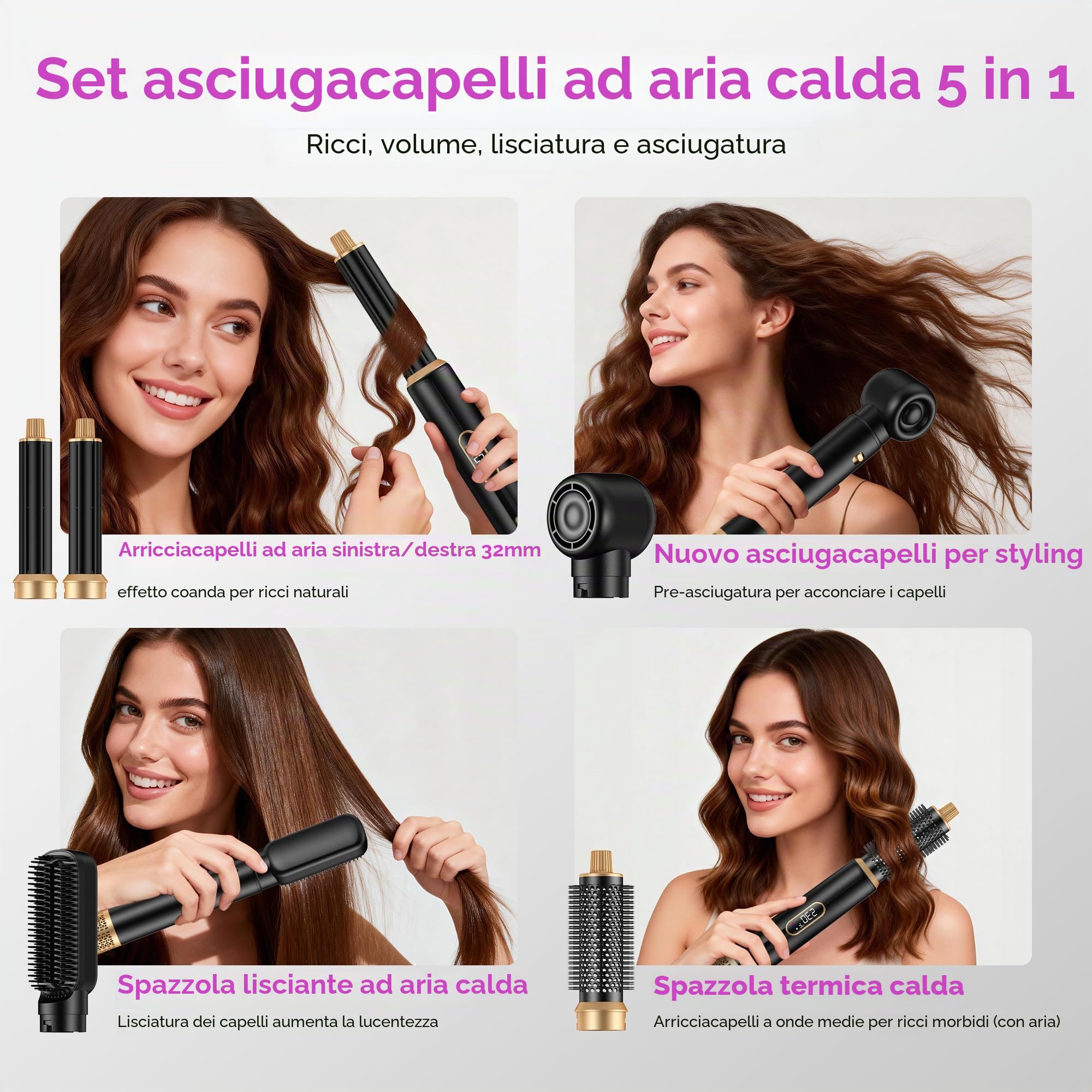 5 IN 1 Hairstyler 1000W Hairstyler, asciugacapelli con spazzola rotonda LCD Air Brush, ferro arricciacapelli e piastra per capelli, 3 livelli di temperatura per volume, lisciatura, riccioli e styling