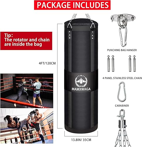 Miniatura 6 de Saco de boxeo de lona de 4 pies para adultos, bolsa de boxeo pesada colgante para kickboxing, karate, taekwondo, muay thai, carga máxima de 180