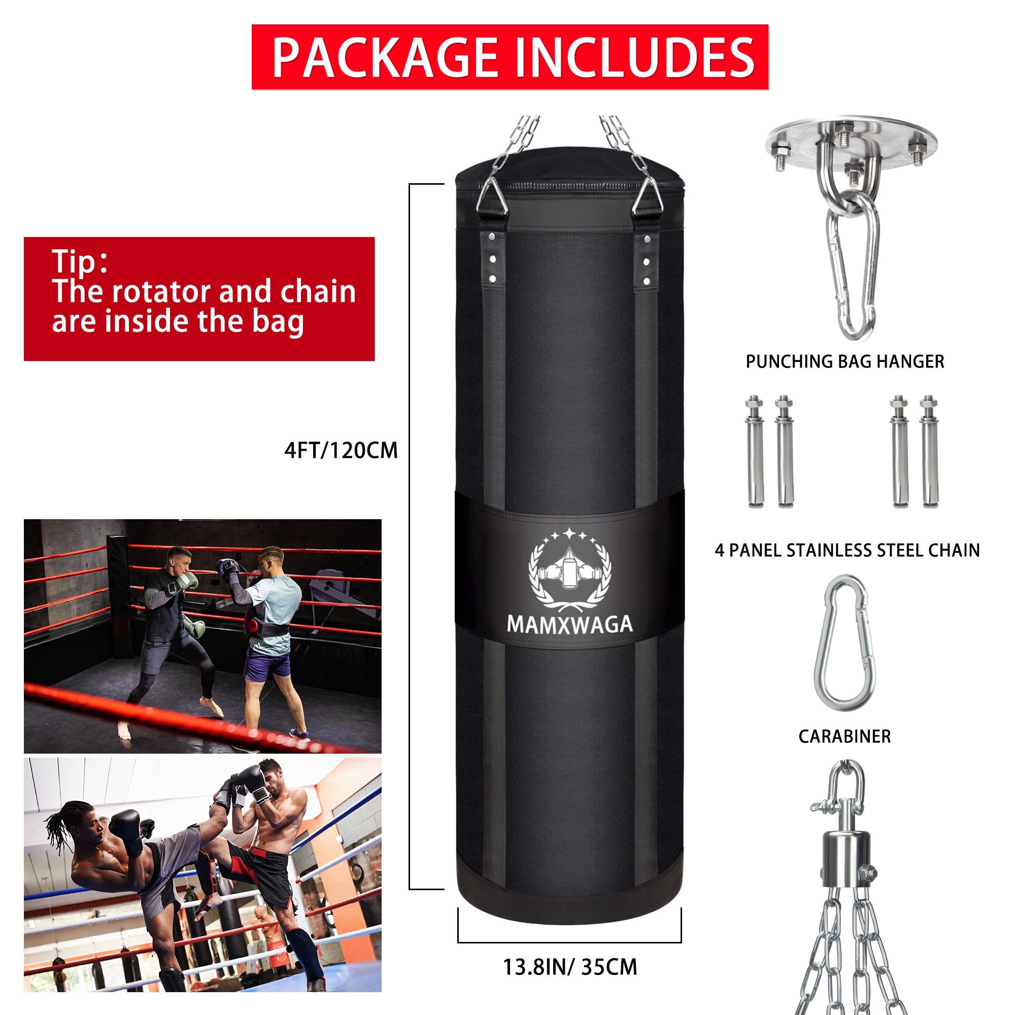 Canvas Boxsack für Erwachsene, 120 cm Schwerer Punchingsäcke Aufhängen Ungefüllt, Canvas Punching Bag Maximales Tragkraft 80kg