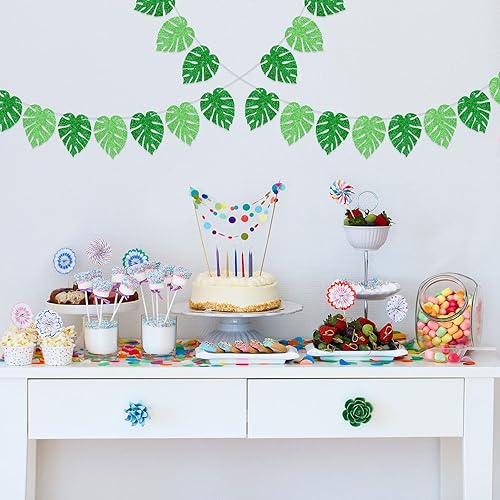 Miniatura 3 de Sumind 4 guirnaldas de hojas tropicales hawaianas Luau, decoraciones con purpurina de hojas de domingo de palmeras para cumpleaños, suministros de