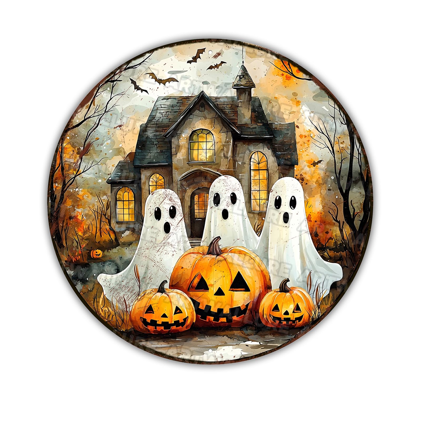 Round Halloween Ghost Pumpkin Vintage Sign Halloween Metal Tin Sign for Home Bar Kitchen Hotel Dining Room Coffee 8x8inch