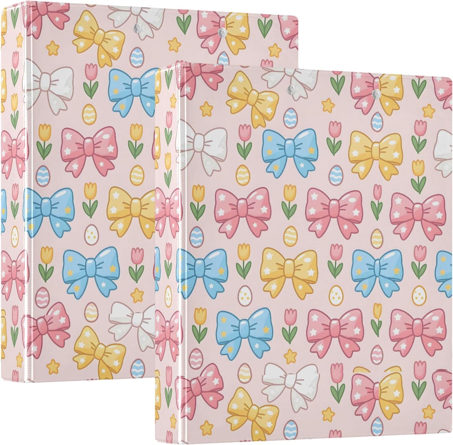 Colorful Easter Bows and Eggs 3 Ring Binders, 1.5” Round Ring Binders with Clipboard - Letter Size, 3 Interior PVC Clear Pockets & Anti-Slip Clip for Office School Supplies, 2PCS