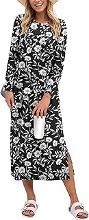 Womens 3/4 Long Sleeve Striped Slit Midi T Shirt Dresses with Pockets 2025 Dressy Casual Fall Fashion Travel Outfits