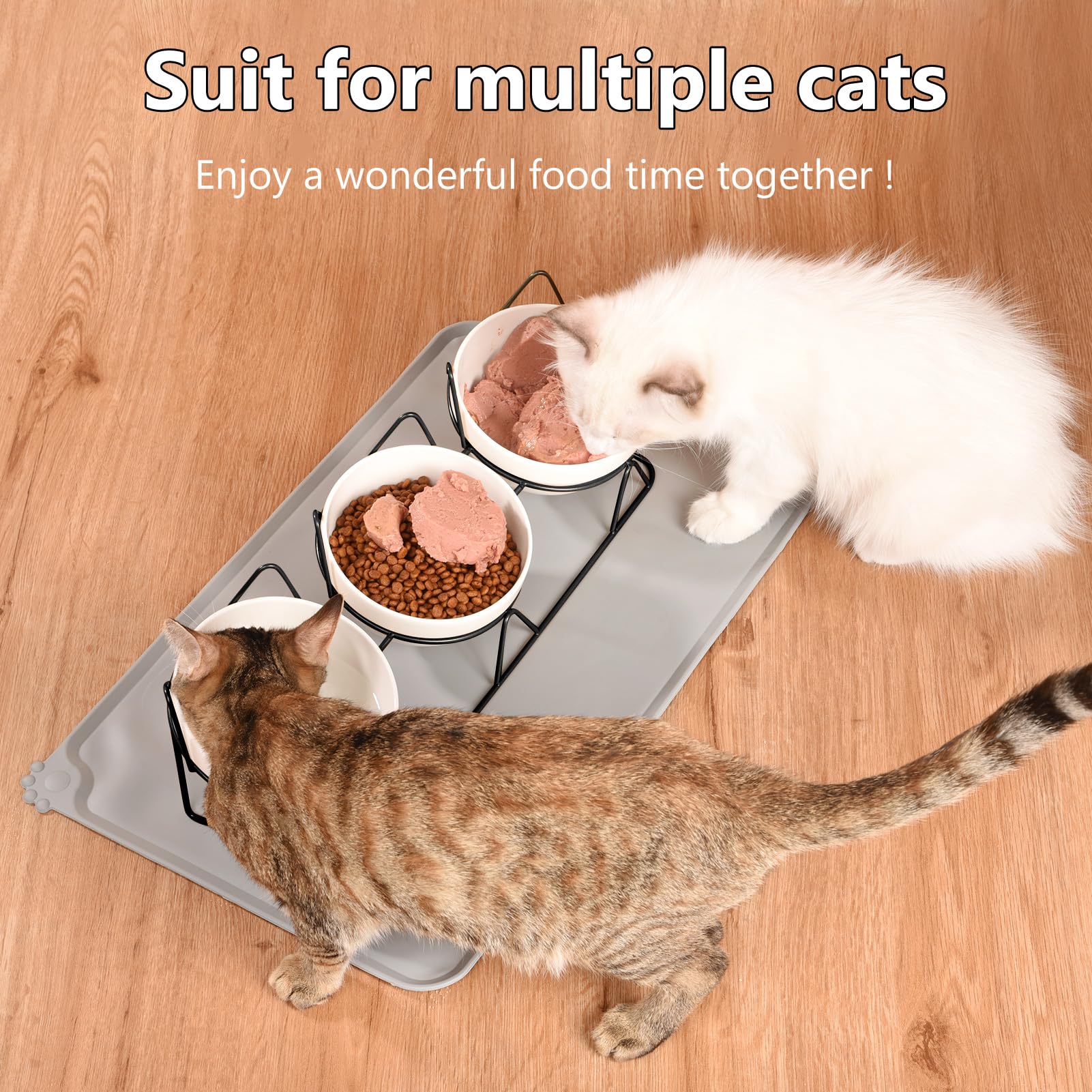 Yamitora Katzen Napf 3er Set,Katzen Futternapf Erhöht Keramik Einzeln mit Unterlage Hunde Erhöhter Katzenschale Fressnapf Katze Porzellan Futter und Wasserspender Katzen Napfset Edelstahl(Schwarz)