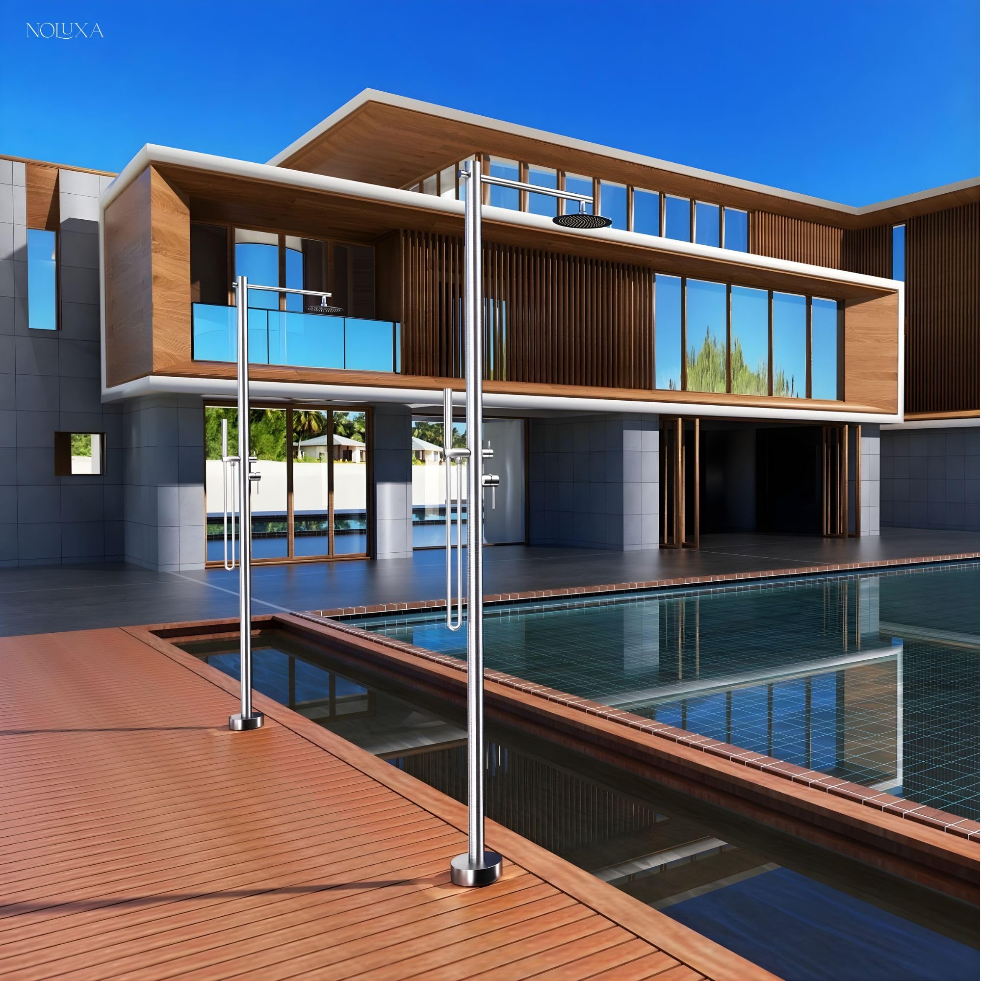 NOLUXA IMEX - Ducha Piscina Exterior Acero S.316 Agua Caliente Fría | Ducha Empotrada Suelo para Jardín, Piscina y Terraza con Alcachofa y Rociador | Grifería Monomando con Doble Entrada