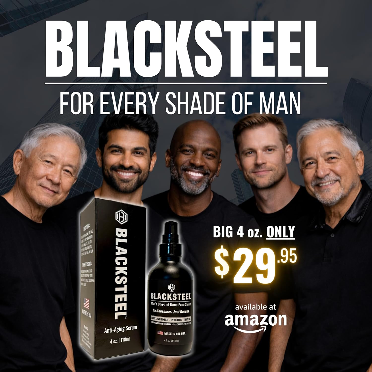 BLACKSTEEL Men's Anti-Aging Face Serum with Retinol & Hyaluronic Acid | One-Step Daily Wrinkle, Hydration & Firming Solution | Fast-Absorbing, Non-Greasy Skincare Made in USA | 4 oz Single Bottle - Image 4