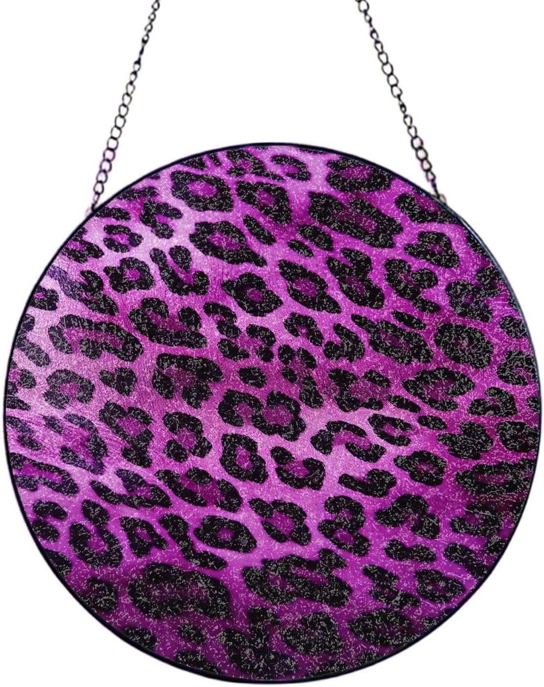 Stained Glass Window Hanging 6in（15cm）, Purple Leopard Glass Suncatcher for Home Decor, Indoor Wall Art Glass Panel with Metal Chain and Hooks, Sun Catcher Ornament Birthday Gifts