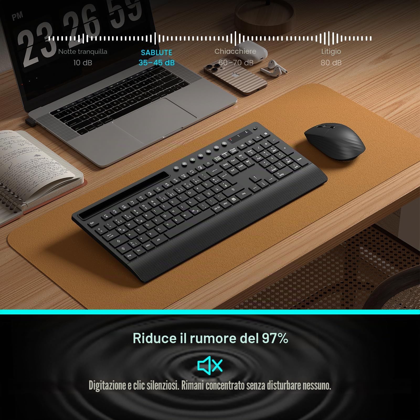 Set tastiera senza fili, tastiera silenziosa da 2,4 GHz con poggiapolsi, supporto per telefono, tasti multimediali, set wireless per Windows, Chrome OS, PC, laptop (batterie) (nero)