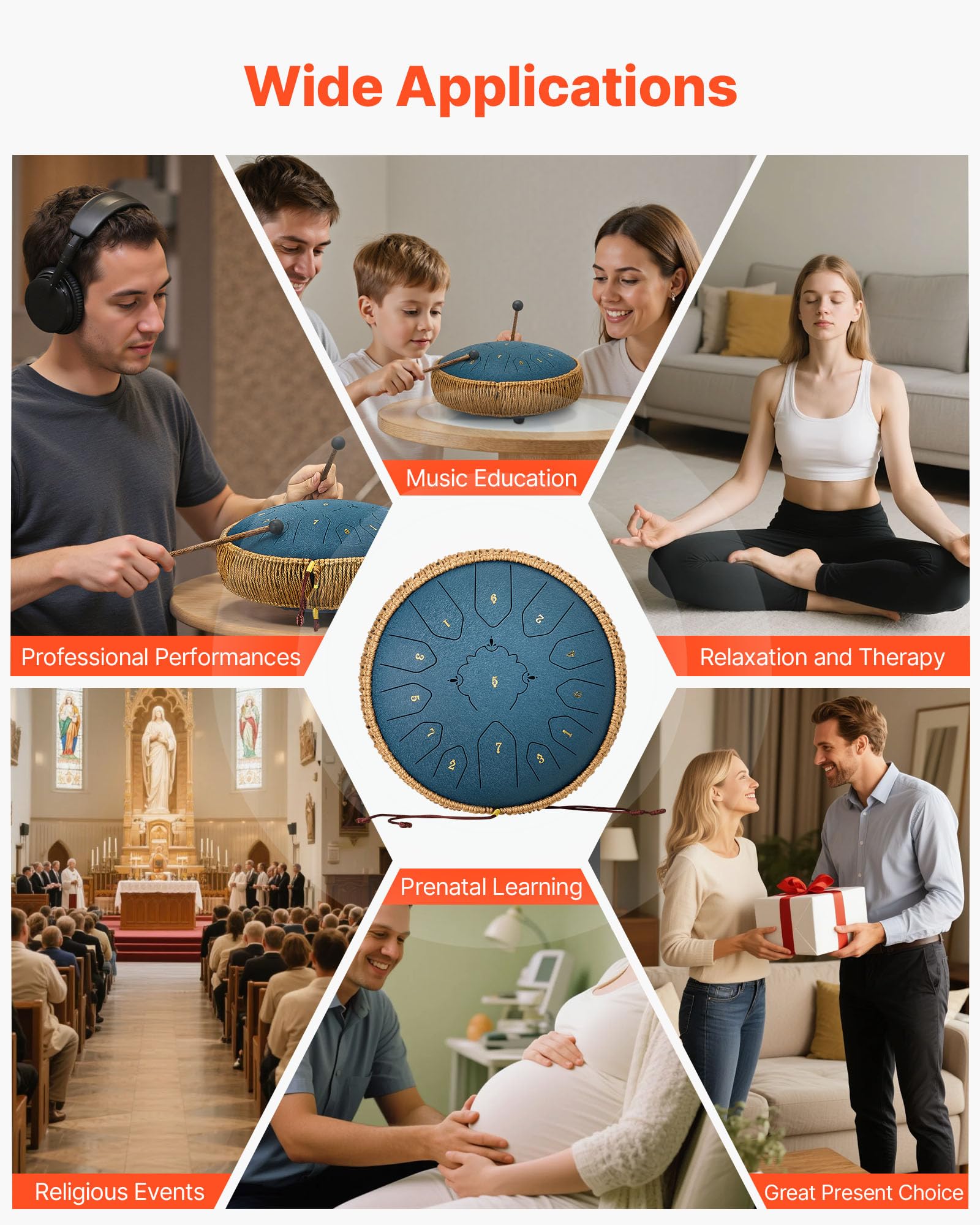 VEVOR Tamburo a Linguetta d'Acciaio, Strumento a Percussione Tonalità Do Maggiore Numero di Note da 13, Tamburi a Lingua in Do Maggiore con Bacchette, Strumento Musicale per Meditazione, Blu Navy