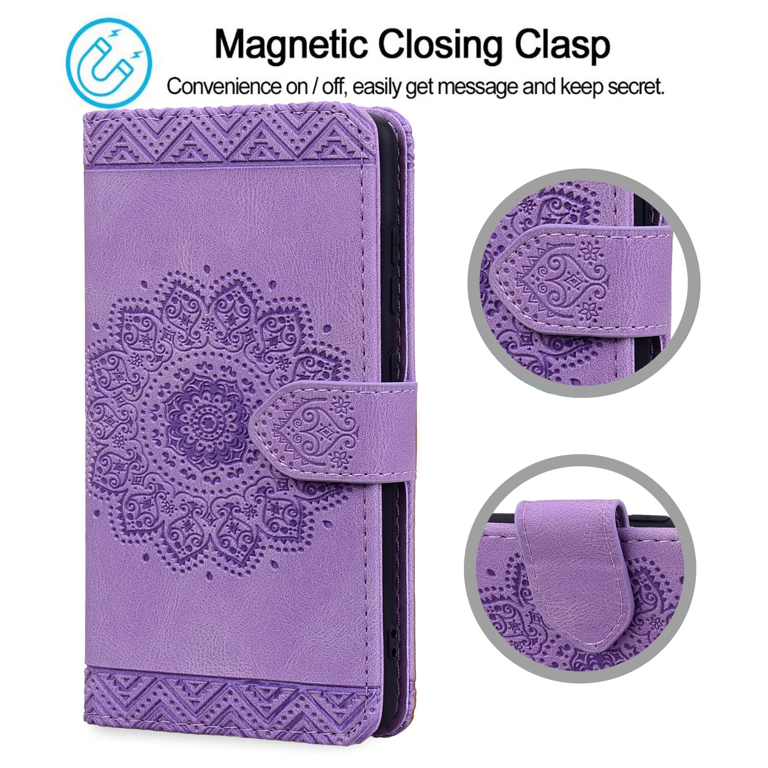 Rosbtib Case for Honor Magic6 Pro Case Mandala Embossed Leather Case with Magnetic Closure Stand Function Card Slots Cover for Honor Magic 6 Pro - Image 4