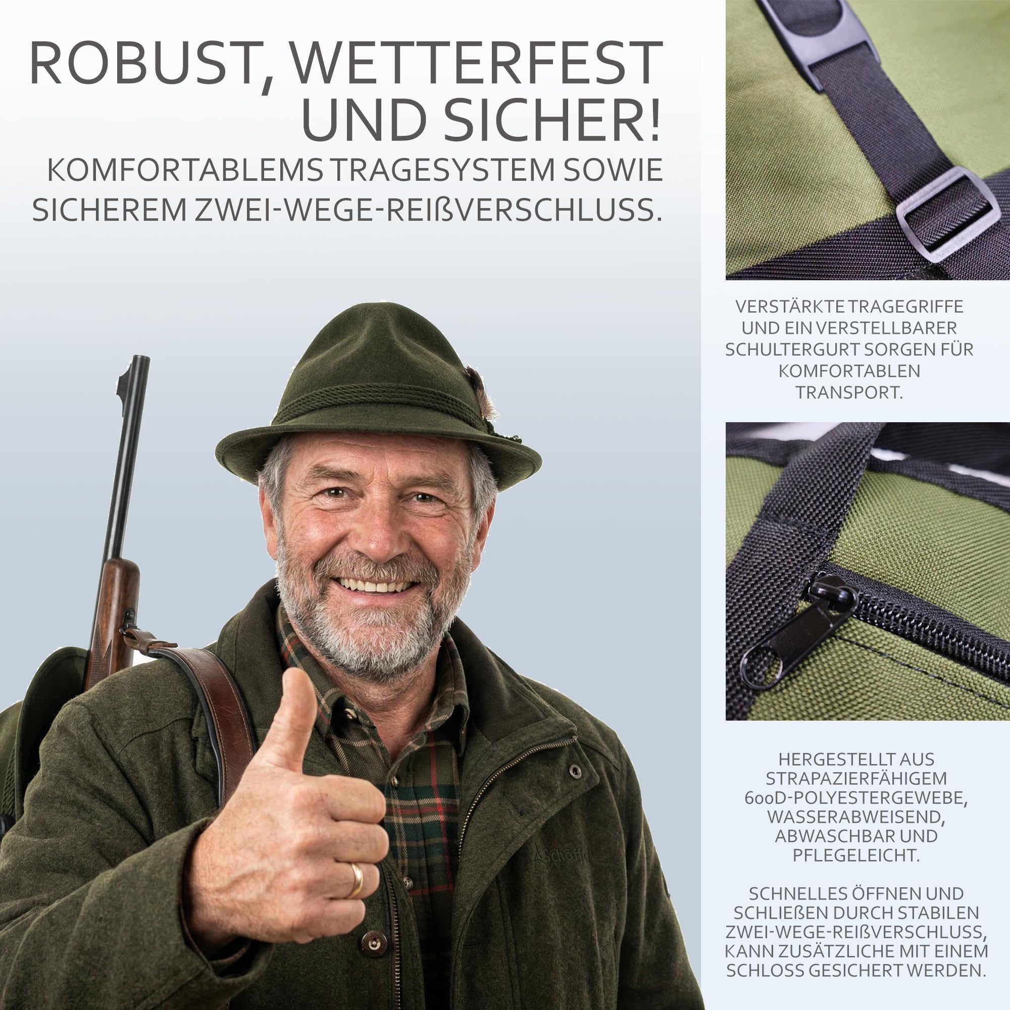 Rawstyle Waffentasche 135 cm gepolstert – Gewehrtasche für Luftgewehr oder Jagdgewehr mit Zielfernrohr – Wasserabweisende Transporttasche mit Schulterriemen + 2 Außentaschen
