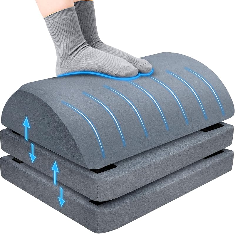 Ergonomic Foot Rest for Desk, 3-Level Adjustable Footstool, Grey | Adjustable heights Curved design improves circulation. Non-slip base. Machine-washable cover. Fits office, gaming chair, home