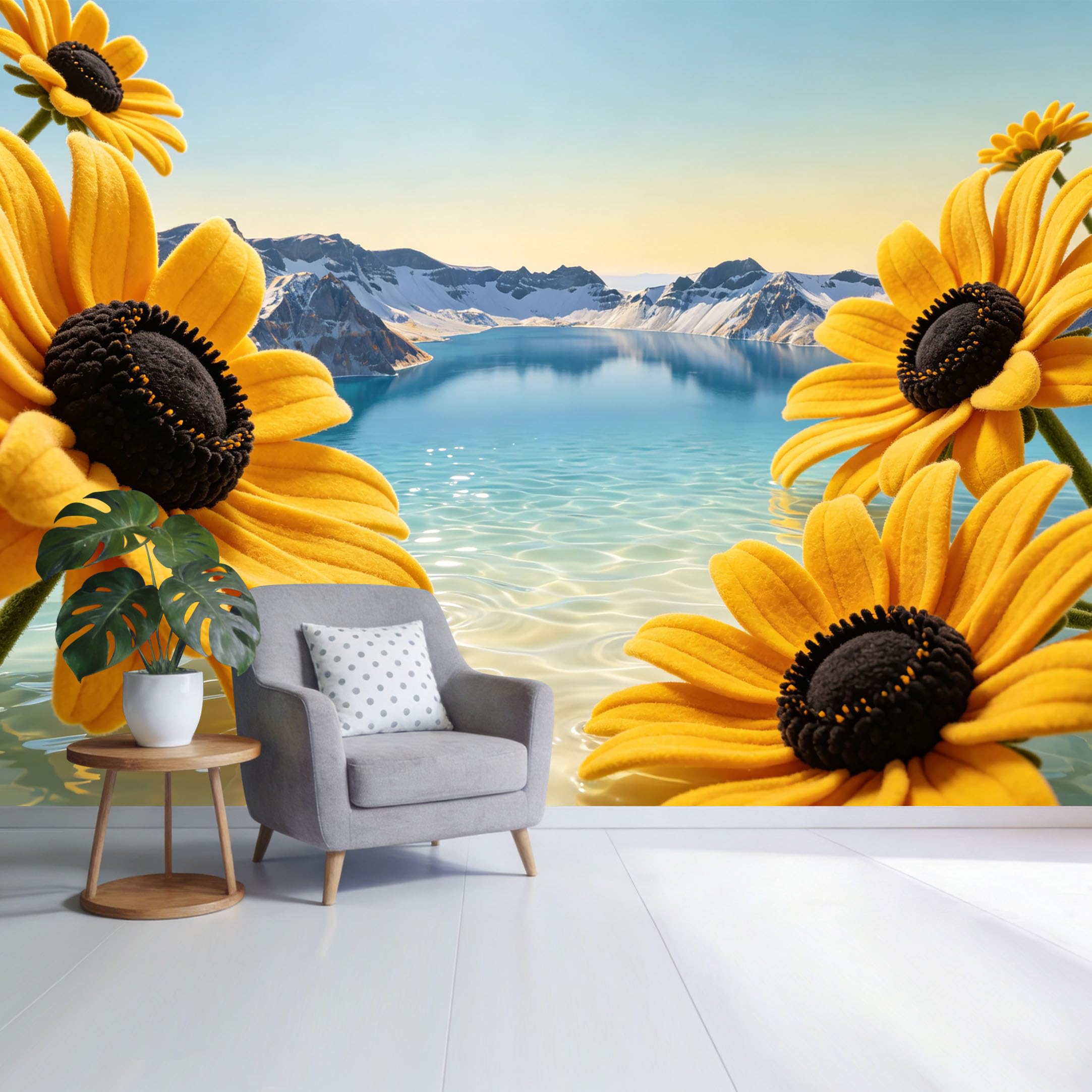 Custom Size Wall Mural Mountain Lake Landscape Yellow Sunflower Botanical Ocean View SelfAdhesive Wall Fabric Removable Wallpaper for Home Office Decor