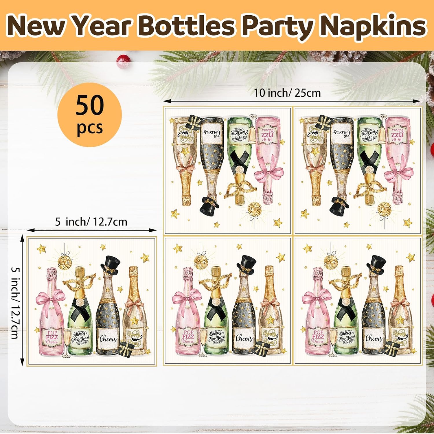 Tenceur 50 Pcs New Year Eve Cocktail Napkins 5 x 5 Wine Bottles Disposable Holiday Paper Guest Napkins for Happy New Year Holiday Party Supplies Kitchen Table Decorations