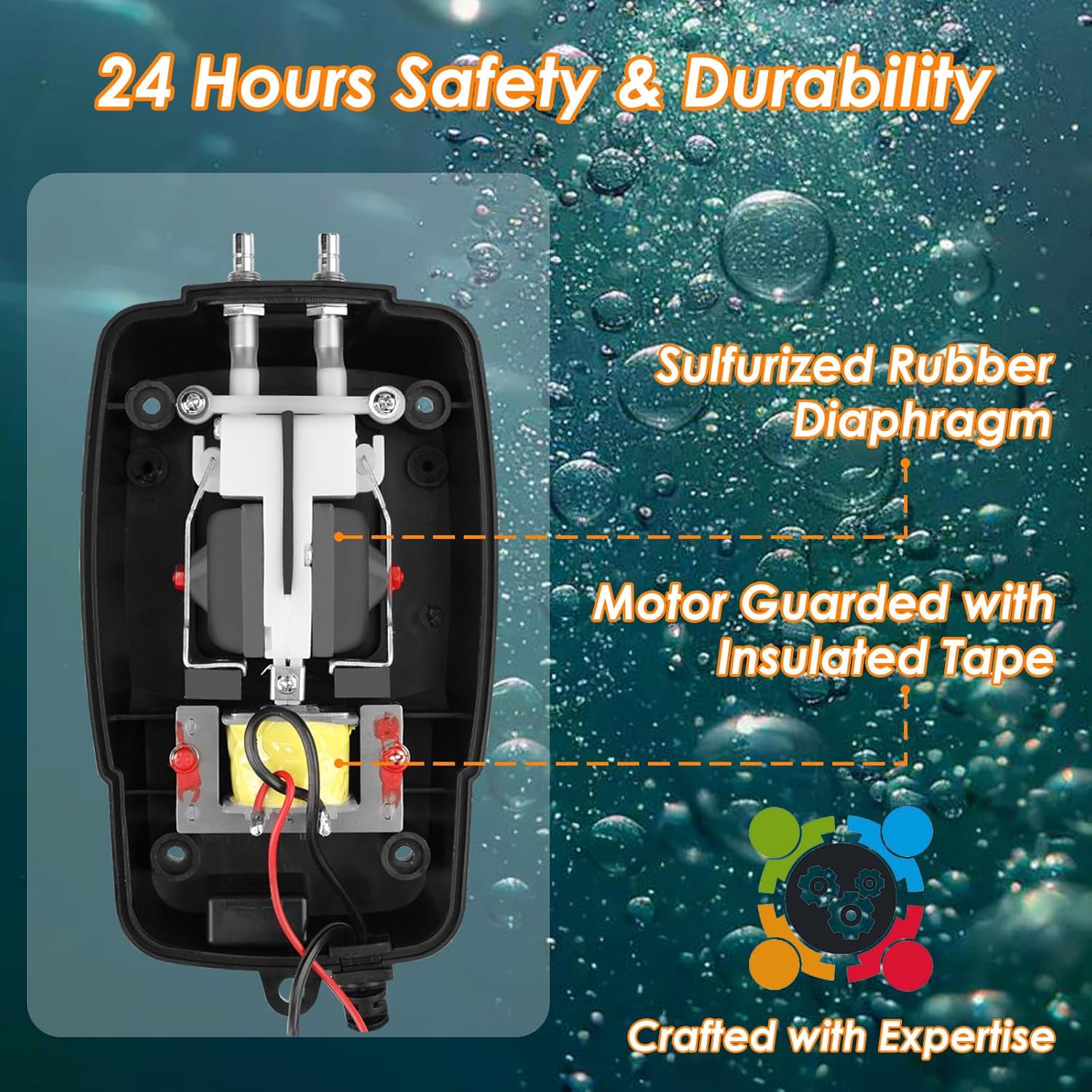 Internal view of the VCRAZE Pond Aerator Pump, showing the sulfurized rubber diaphragm for durability and the motor guarded with insulated tape for safety.