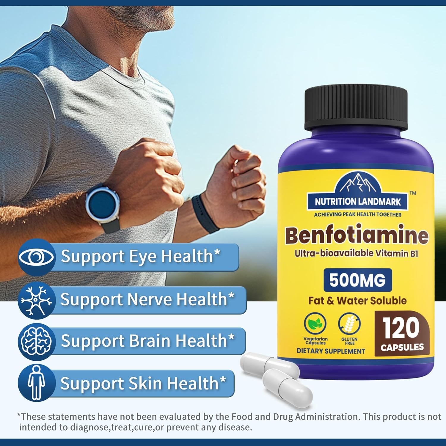 B1 Benfotiamine, 500mg per Serving, 120 Capsules,Fat & Water Soluble Vitamin B1, Gluten Free, Non-GMO, Vegetarian 3pack