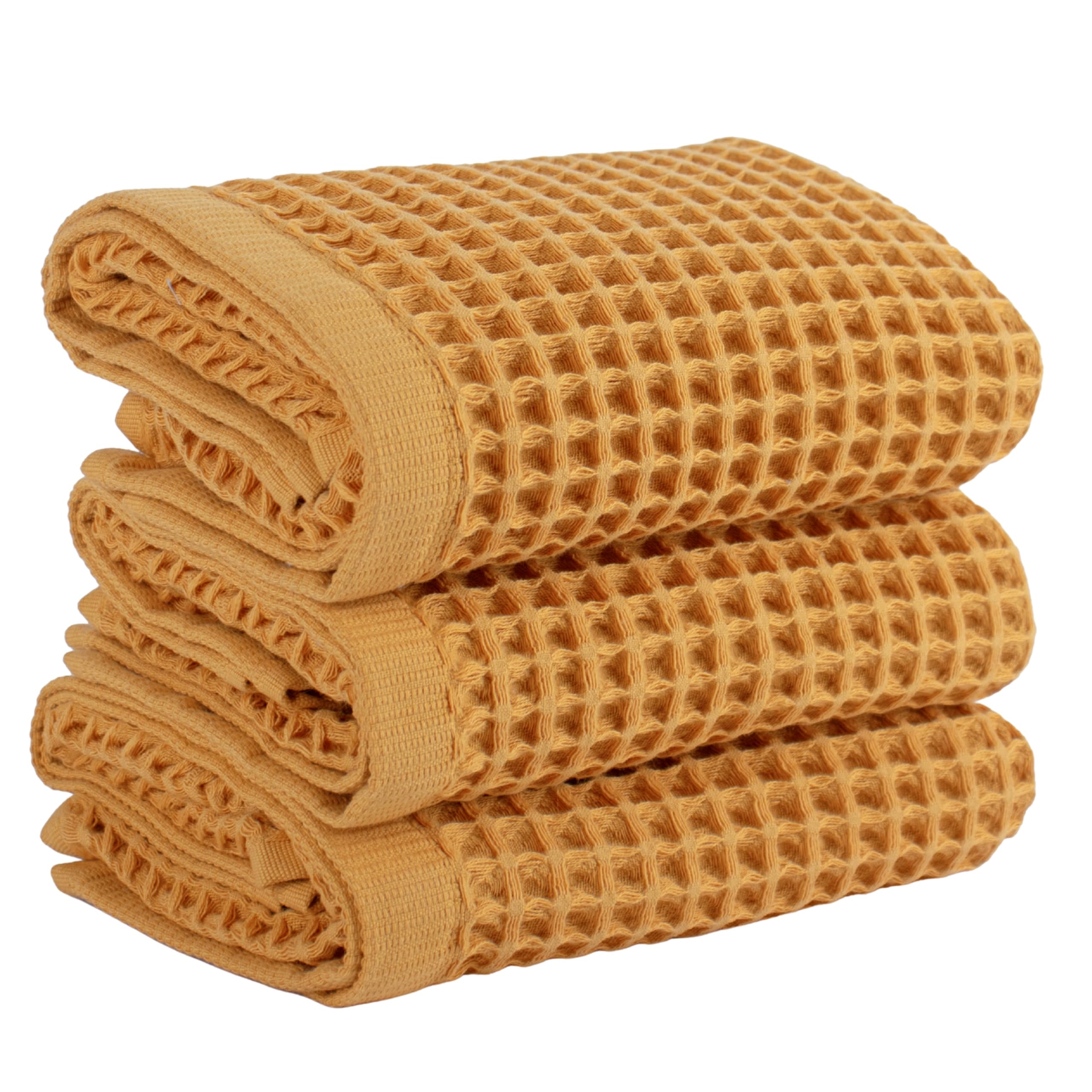 PÜSKÜL Natural 100% Turkish Cotton Waffle Kitchen Towels Set of 3 | Oeko-Tex, Premium Waffle Hand Towels for Bathroom | Soft Absorbent Quick-Dry Lint-Free Dish Towel Large 32x16 in (3, Mustrad Yellow)
