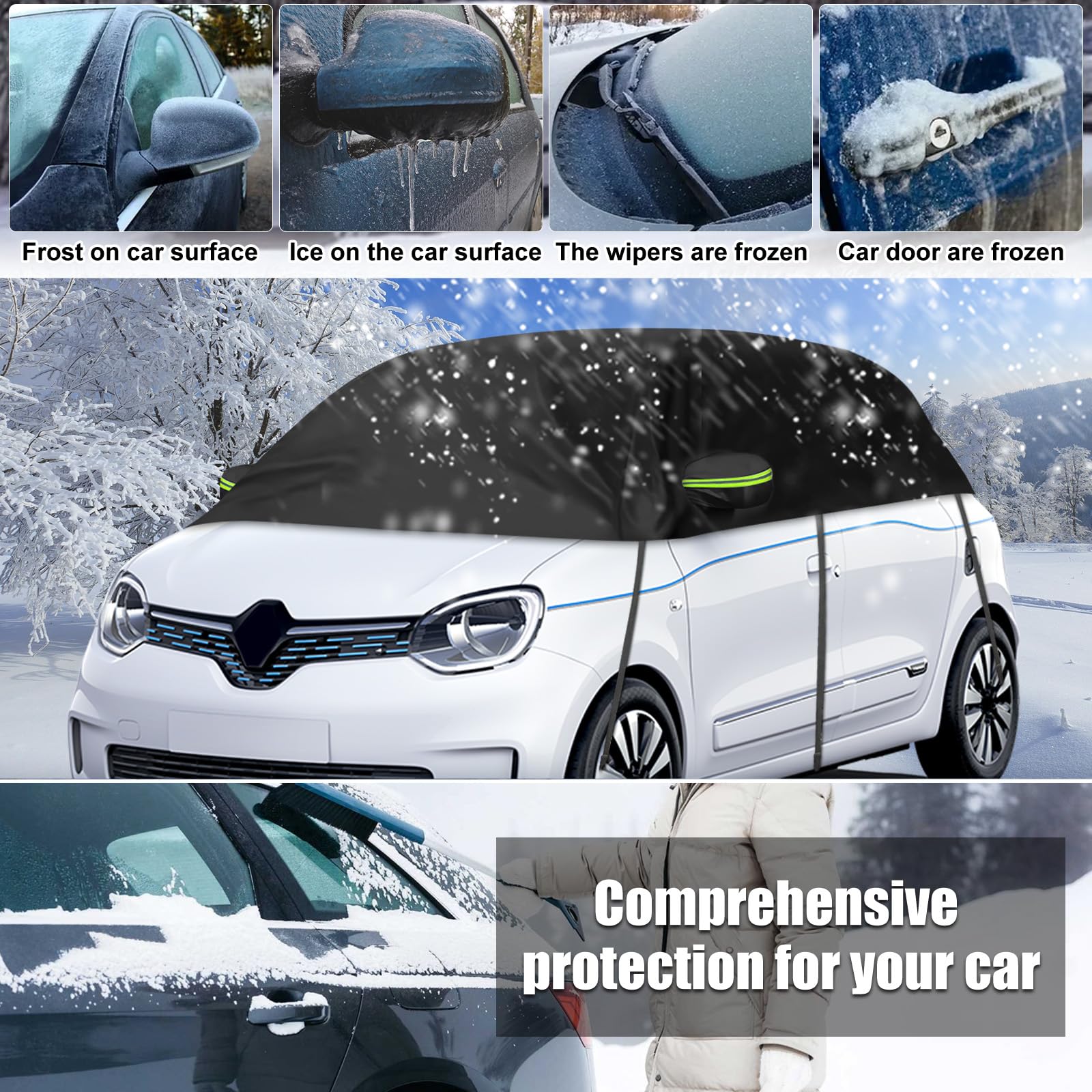 Halbe Autoabdeckung Ersatz für Renault Twingo 1993-2024, Softtop Dachschutz Autoabdeckung Wasserdicht, Halbe Garage mit Riemen, UV-beständig für jedes Wetter