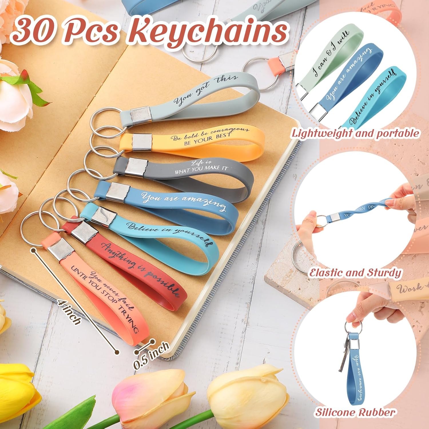 Colarr 90 Pcs Valentines Inspirational Gifts Bulk 30 Rainbow Mini Notepad Notebooks 30 Silicone Motivational Keychain 30 Inspirational Pens Staff Appreciation Gifts Bulk for Office Group Gift - Image 4