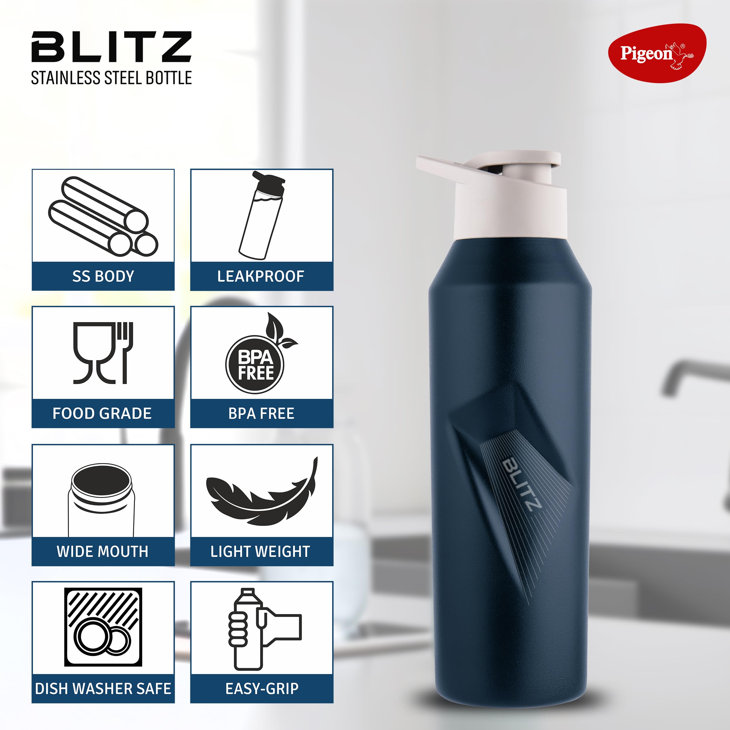 Pigeon Blitz Stainless Steel Water Bottle With Sipper Cap | Eco friendly | BPA Free | Water Bottle for Office, Gym, School, Yoga, Trekking, Adults & Kids| 975 ML, Blue — Amazon image 2