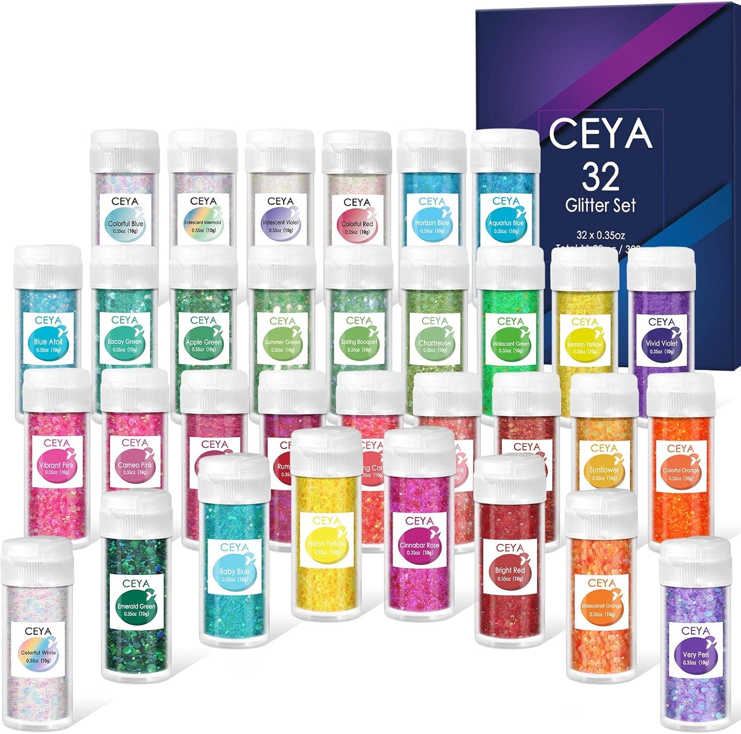 Ceya Chunky Glitter Set 32 Colors, 11.28 oz/ 320g Craft Glitter Powder Mixed Chunky Fine Sparkle Flakes Each 15ml Iridescent Nail Sequins for Epoxy Resin Nail Art Tumbler Slime Festival Decor