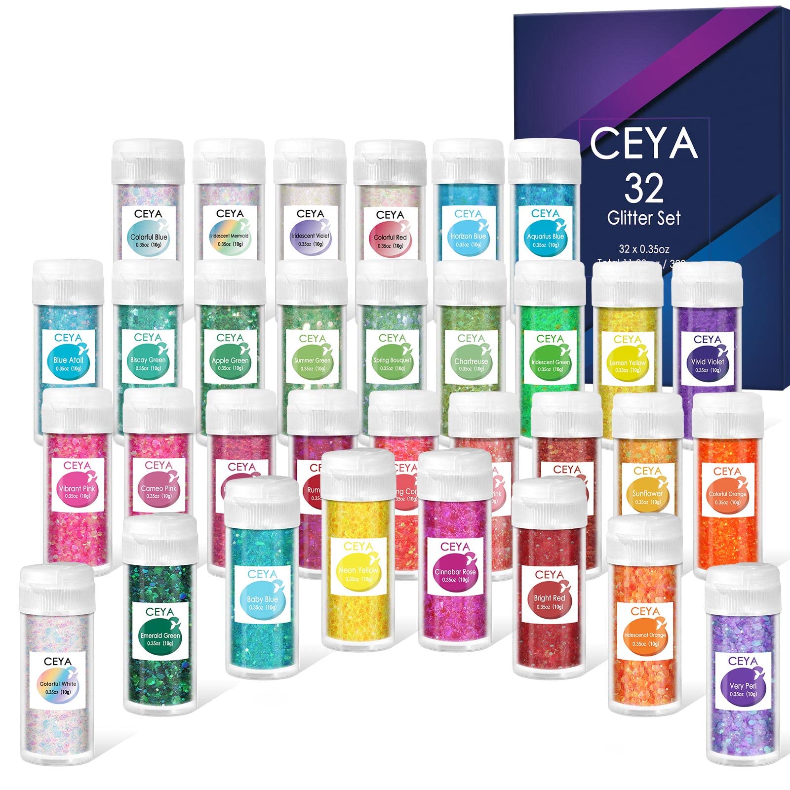 Ceya Large Glitter Set 32 Colors 320g Mixed Chunky Fine Sparkling Flakes 15ml Each Iridescent Nail Sequins for Epoxy Resin Nail Art Cup Slime Festival Decoration