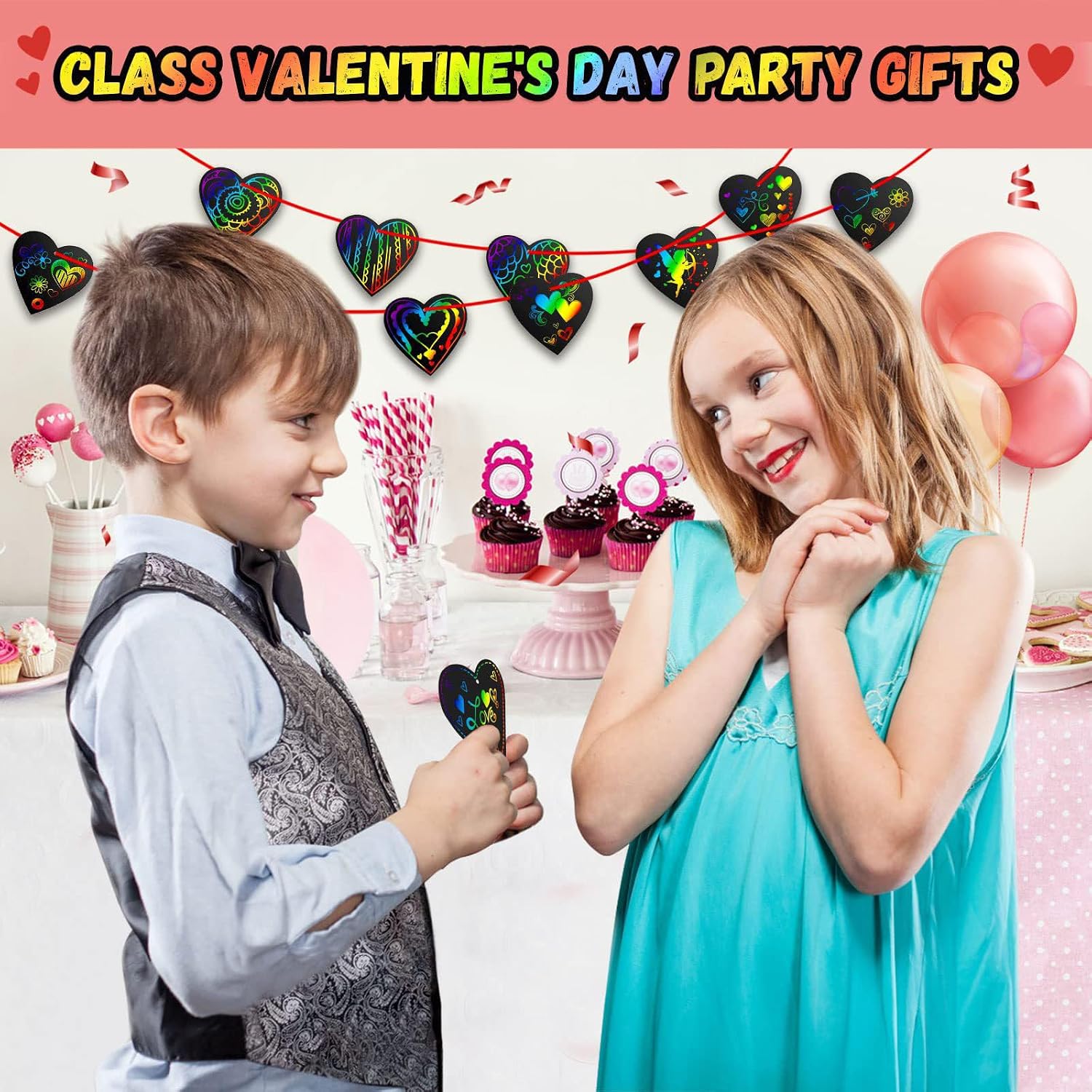 40Pieces Valentine Scratch Paper Heart Shaped Scratch Paper Valentine With Wooden-Styluses Ribbons Envelopes Valentine Scratch Paper