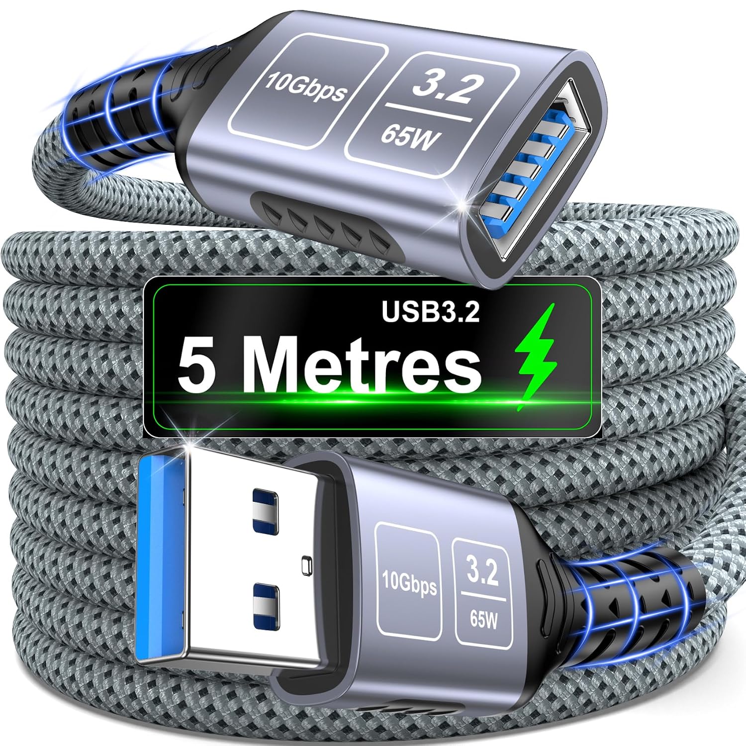 USB-кабель длиной 5 м, USB 3.2 A штекер-гнездо 10 Гбит/с