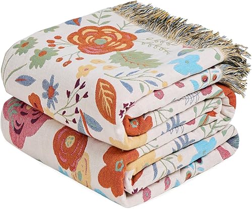 Manta bohemia 100% algodón suave y transpirable, 50 x 60 pulgadas, 4 capas de muselina ligera de algodón, estampado floral, manta bohemia de otoño
