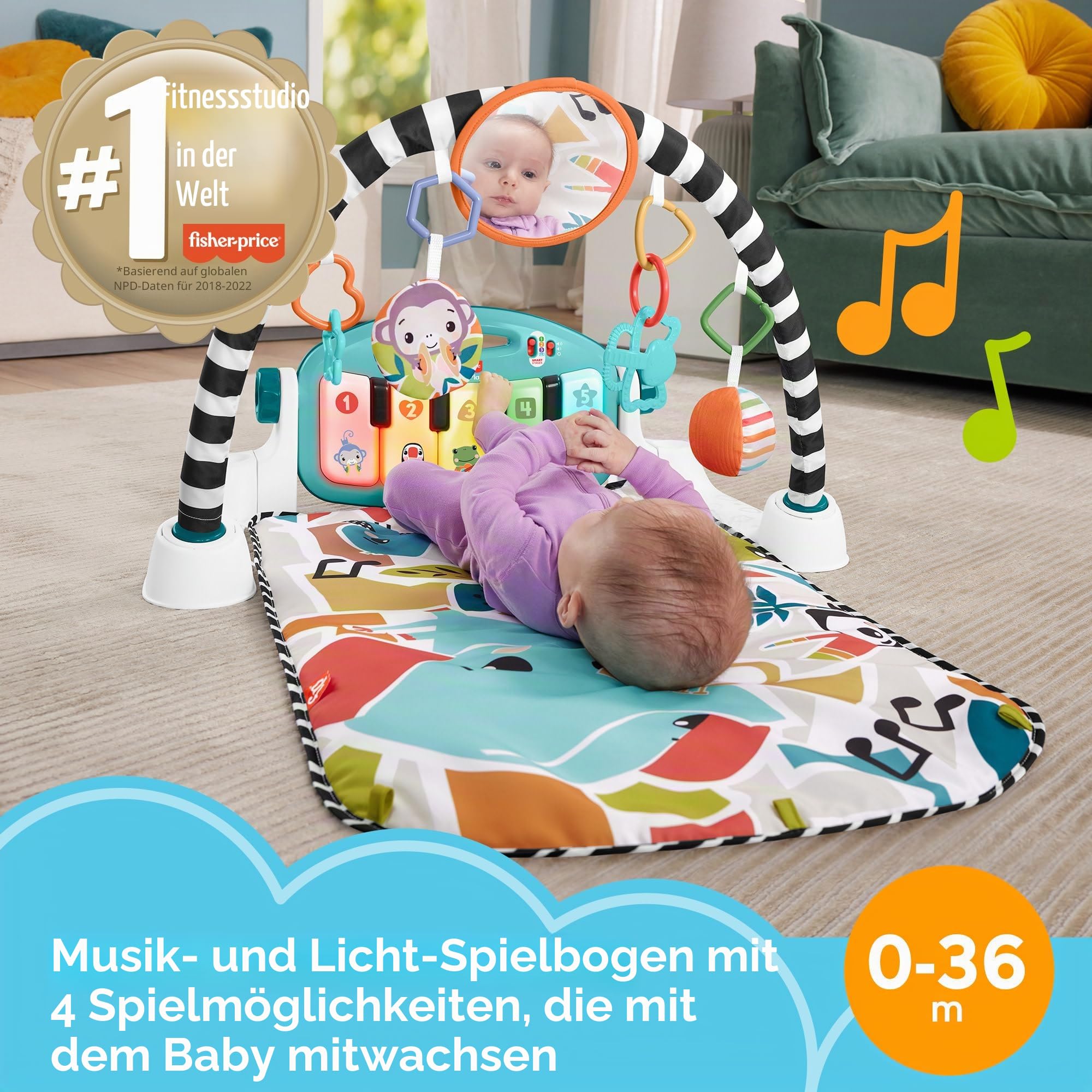 Fisher-Price Baby Activity Mat Glow and Grow Kick & Play Piano Gym, Portable Musical Toy with Smart Stages Learning, Ages 0+ Months, Blue, Queens English Version, HWY58