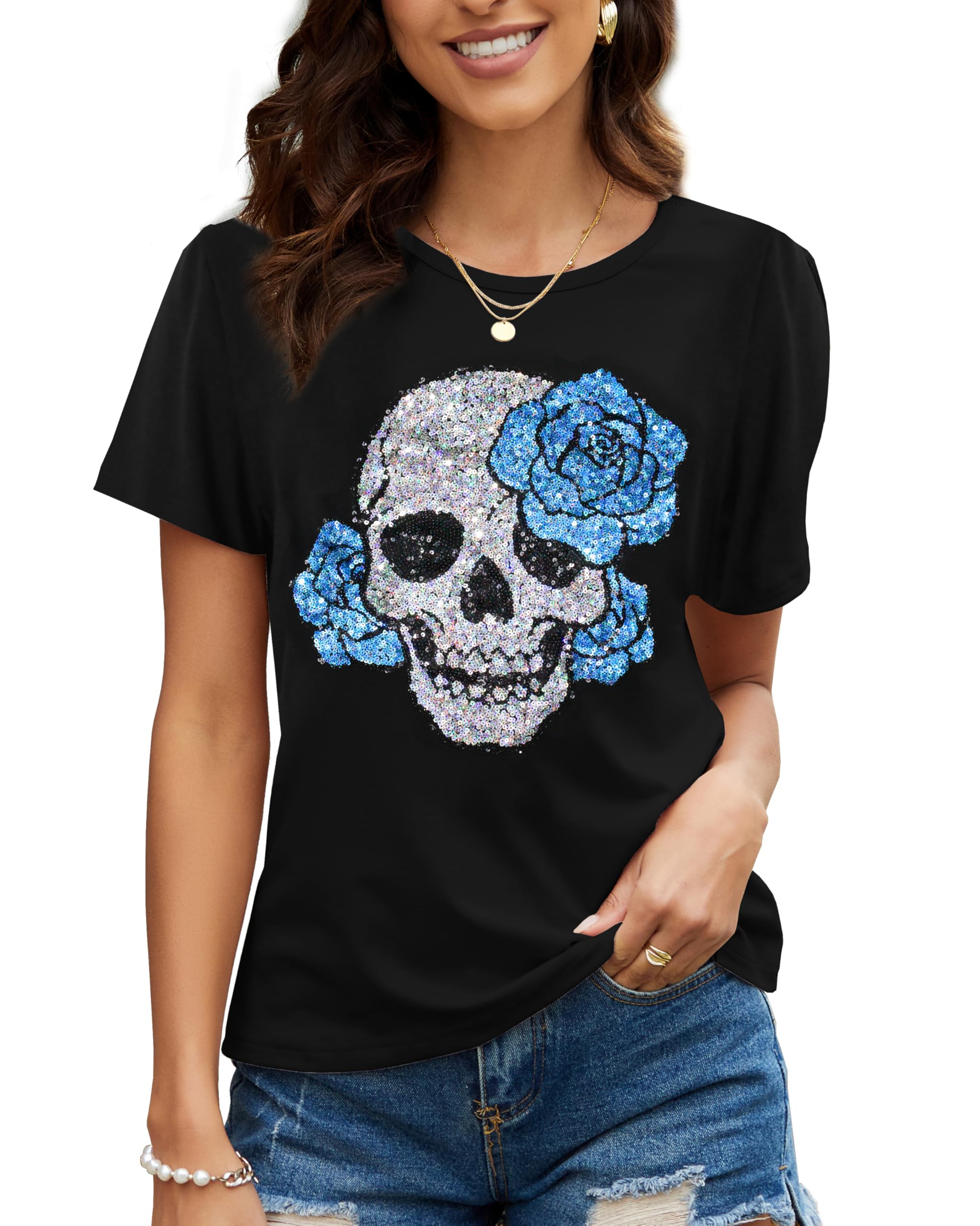 PESION Womens Short Sleeve T-Shirt Sequined Tops O-Neck Funny Graphic Tees Blouse