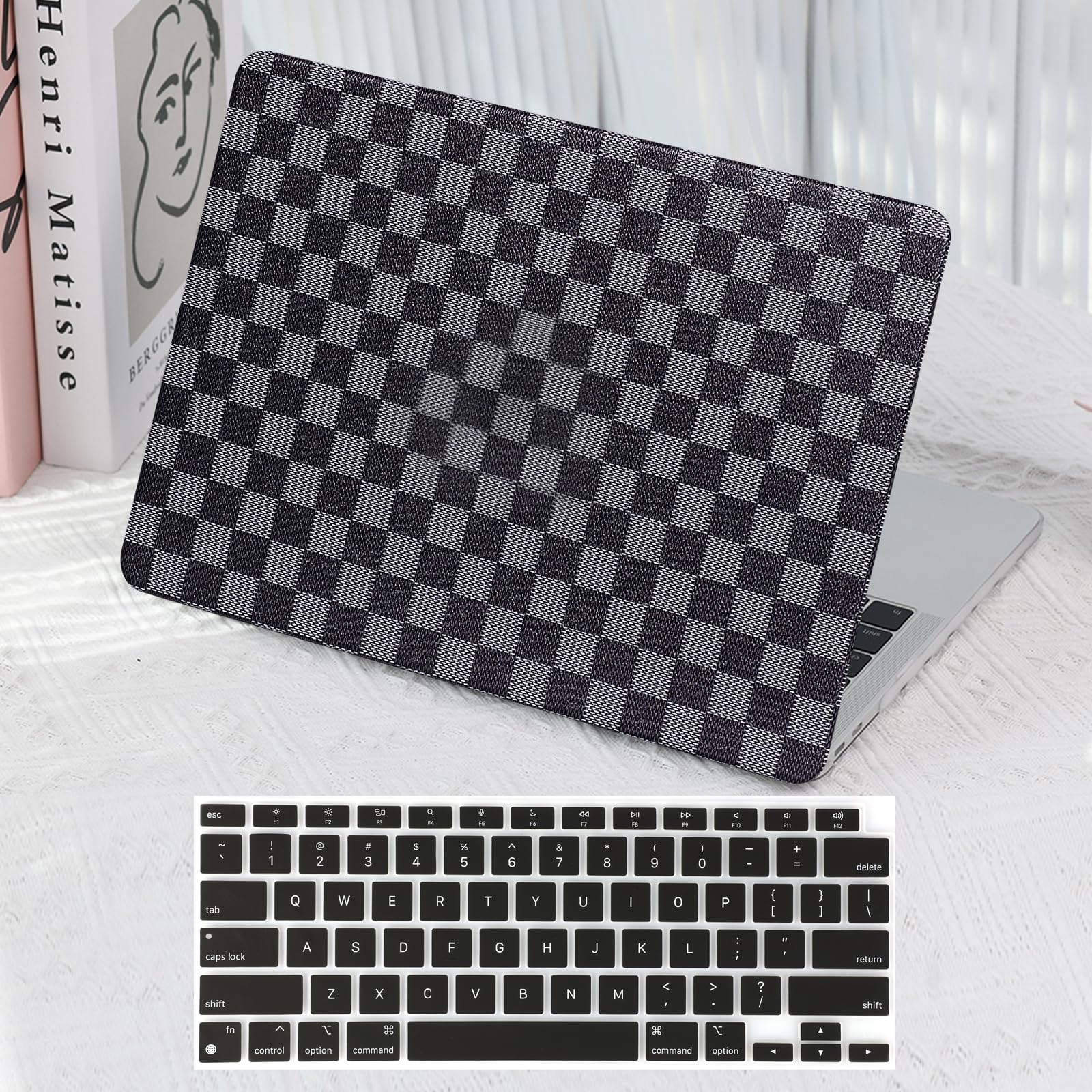 Funda a cuadros para MacBook Air de 15 pulgadas 2025 2024 2023 M4 A3241 M3 A3114 M2 A2941, elegante diseño de cuadrícula de ajedrez texturizado, funda rígida de piel sintética y cubierta para teclado