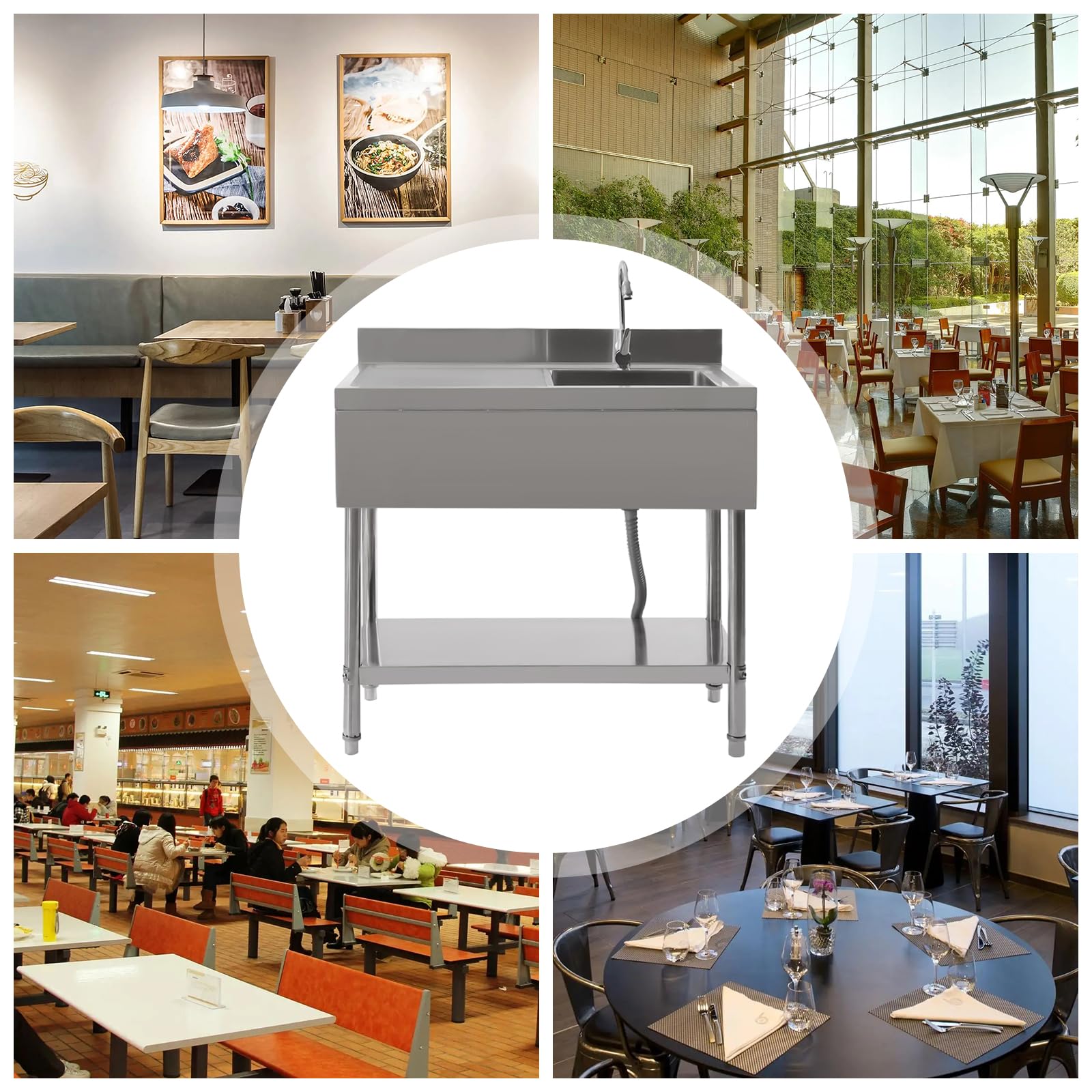 Fregadero profesional de acero inoxidable 100 x 60 x 80 cm con estante, fregadero independiente con cesta filtrante, capacidad de carga de 300 kg y grifo de 360°, para cocina, lavandería, garaje