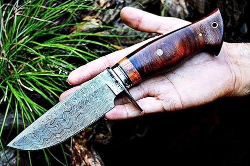 Vista 26 de BIGCAT ROAR Bear Hunter - Cuchillo de hoja fija de acero de Damasco hecho a mano de 10 pulgadas - Mango de madera de nogal y funda de cuero