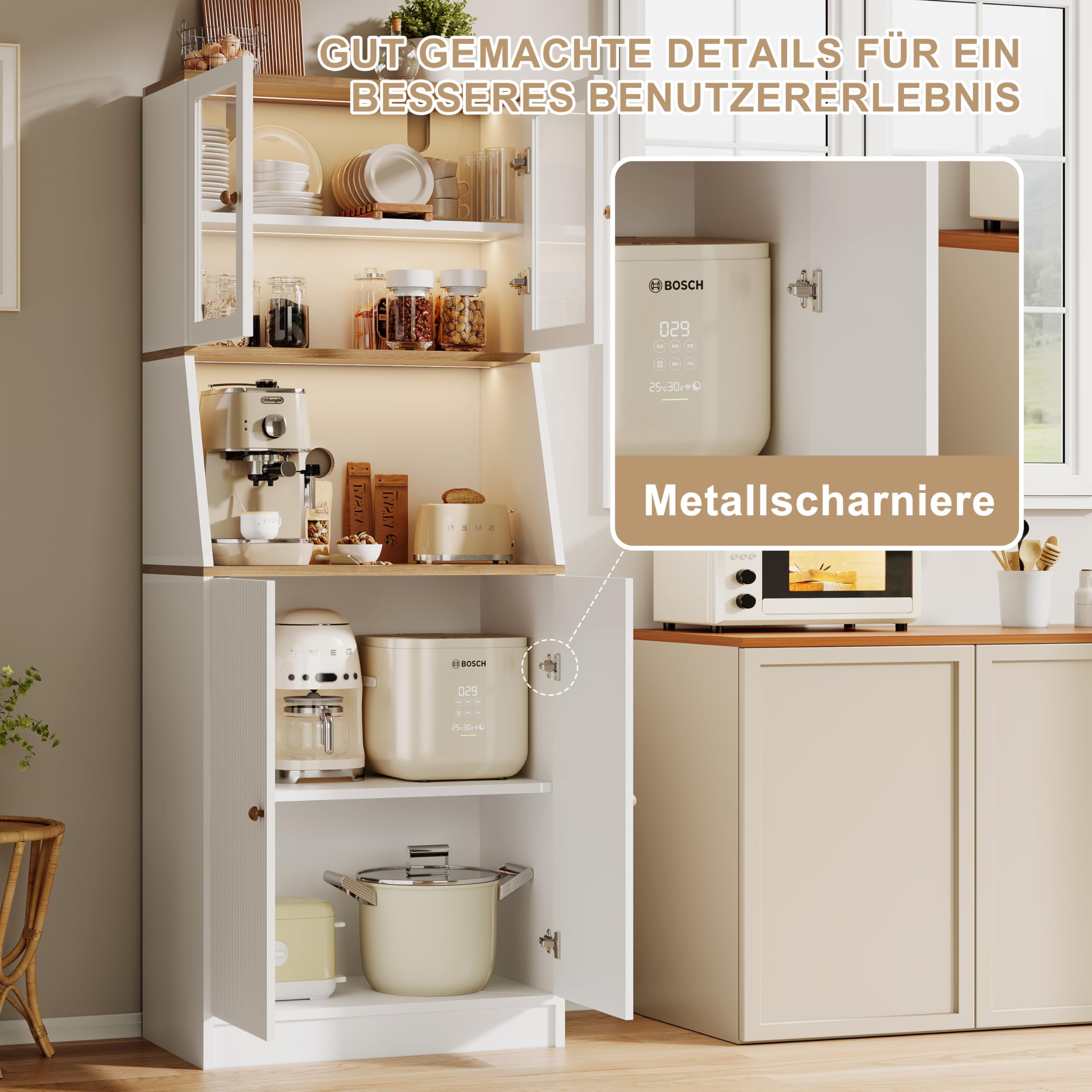 Küchenschrank 180cm mit 4 Türen und 5 Ebenen, Küchenbuffet mit Glastüren, Küchenschrank mit LED, Aufbewahrung mit Arbeitsplatte, Freistehender Küchenschränke Sideboard (Weiß)