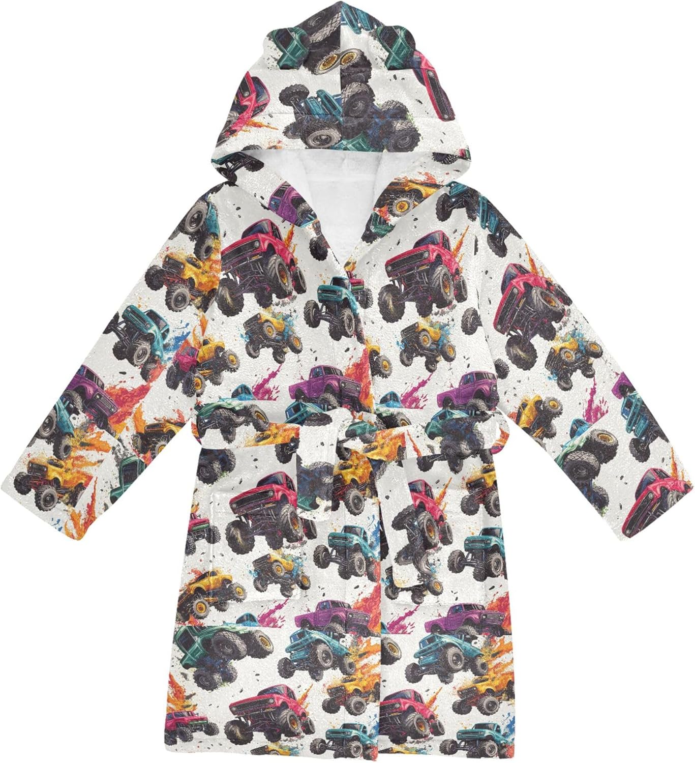 Truck Monster Doodle Car Bathrobe Hooded PJ Robe Plush Fleece Robe Pajama Sleepwear 2-12 Years