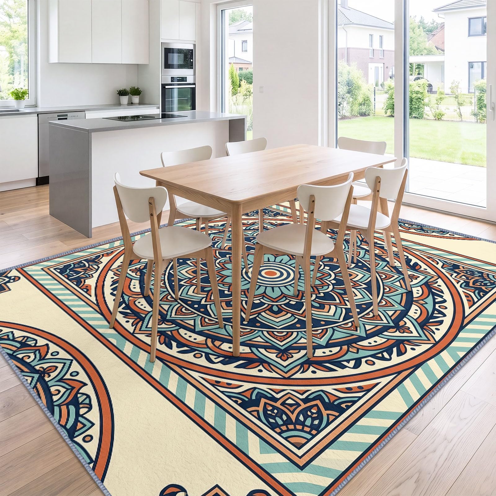Modny dywan w stylu boho do salonu, 120 x 170 cm, mandala, okrągła rama, dywany do sypialni, miękkie krótkie runo, antypoślizgowy, klasyczny dywan do jadalni, biura, kuchni, pokoju dziecięcego