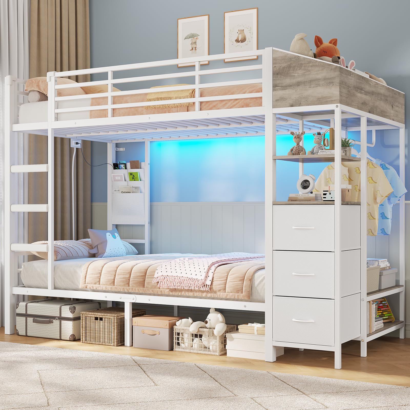 Hochbett 90x200 Jugendbett mit Treppe und Rausfallschutz Bunk Bed mit LED Beleuchtung und Ladestation Modernes Etagenbett mit Garderobenständer und Stauraum für Kinder Jugendliche und Erwachsene