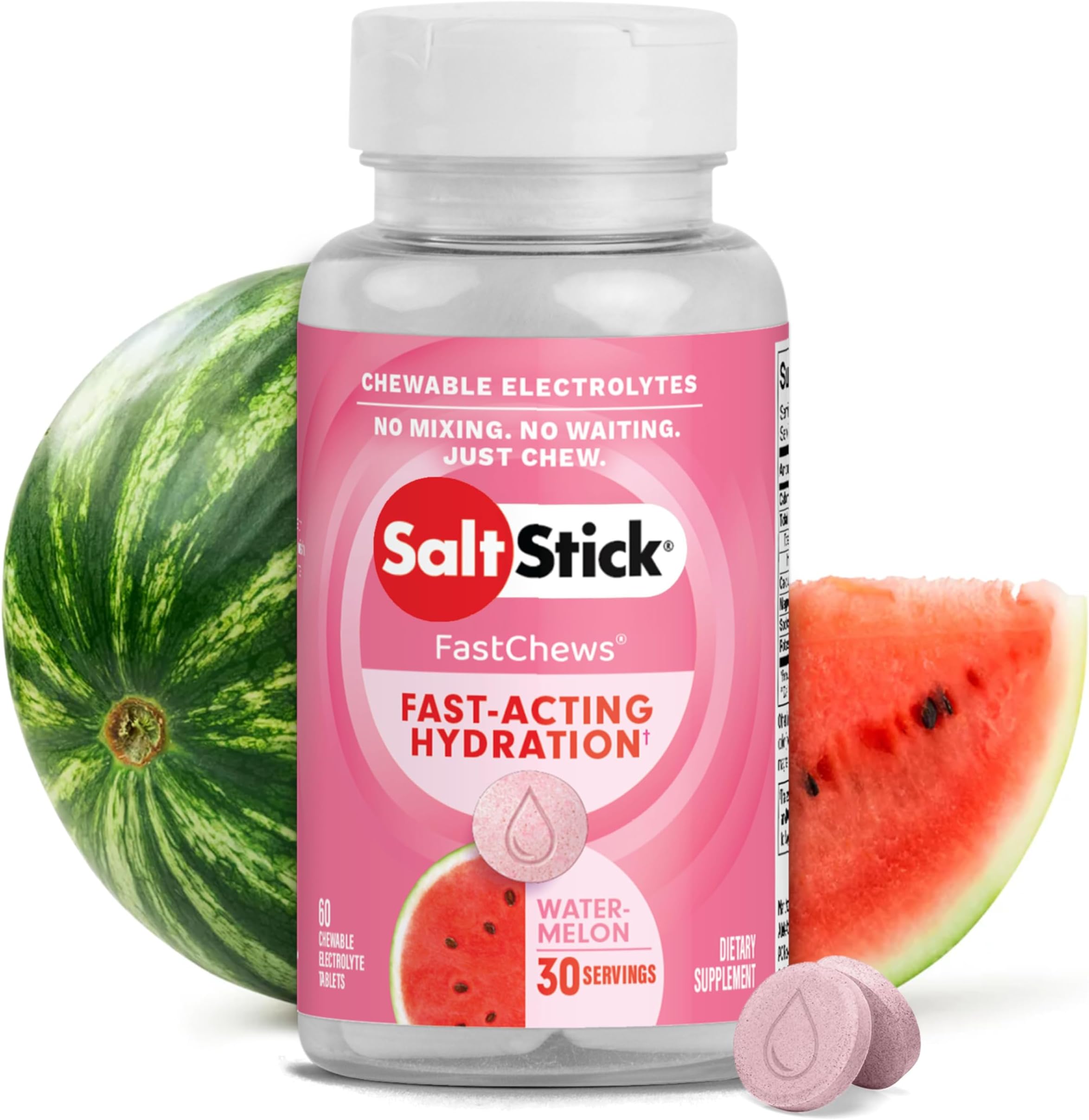 FastChews Electrolytes - 60 Chewable Electrolyte Tablets - Salt Tablets for Running, Fast Hydration, Leg Cramps Relief, Sports Recovery - Non-GMO, Vegan, Gluten Free (Watermelon)