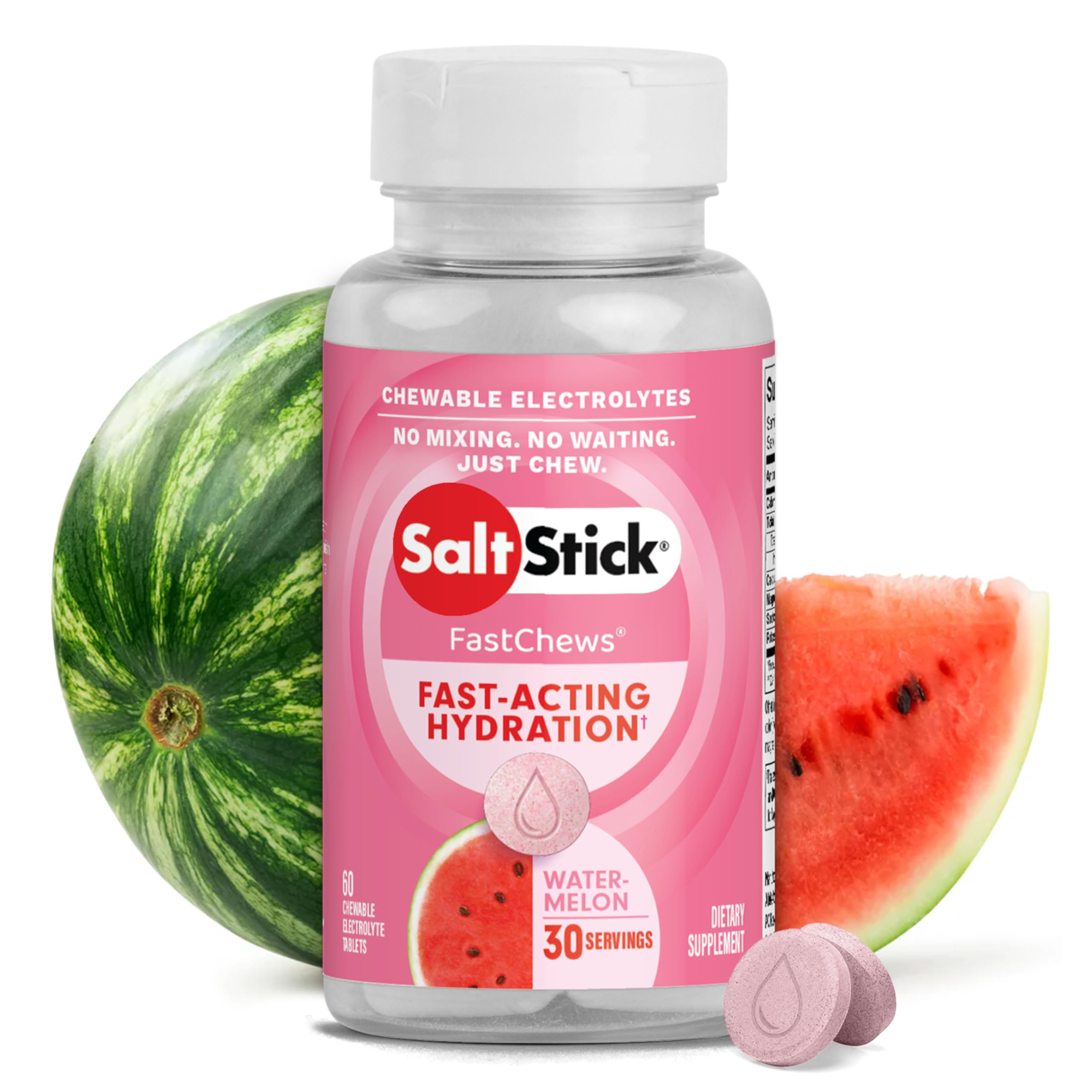 SaltStick FastChews Electrolytes - 60 Chewable Electrolyte Tablets - Salt Tablets for Running, Fast Hydration, Leg Cramps Relief, Sports Recovery - Non-GMO, Vegan, Gluten Free (Watermelon)