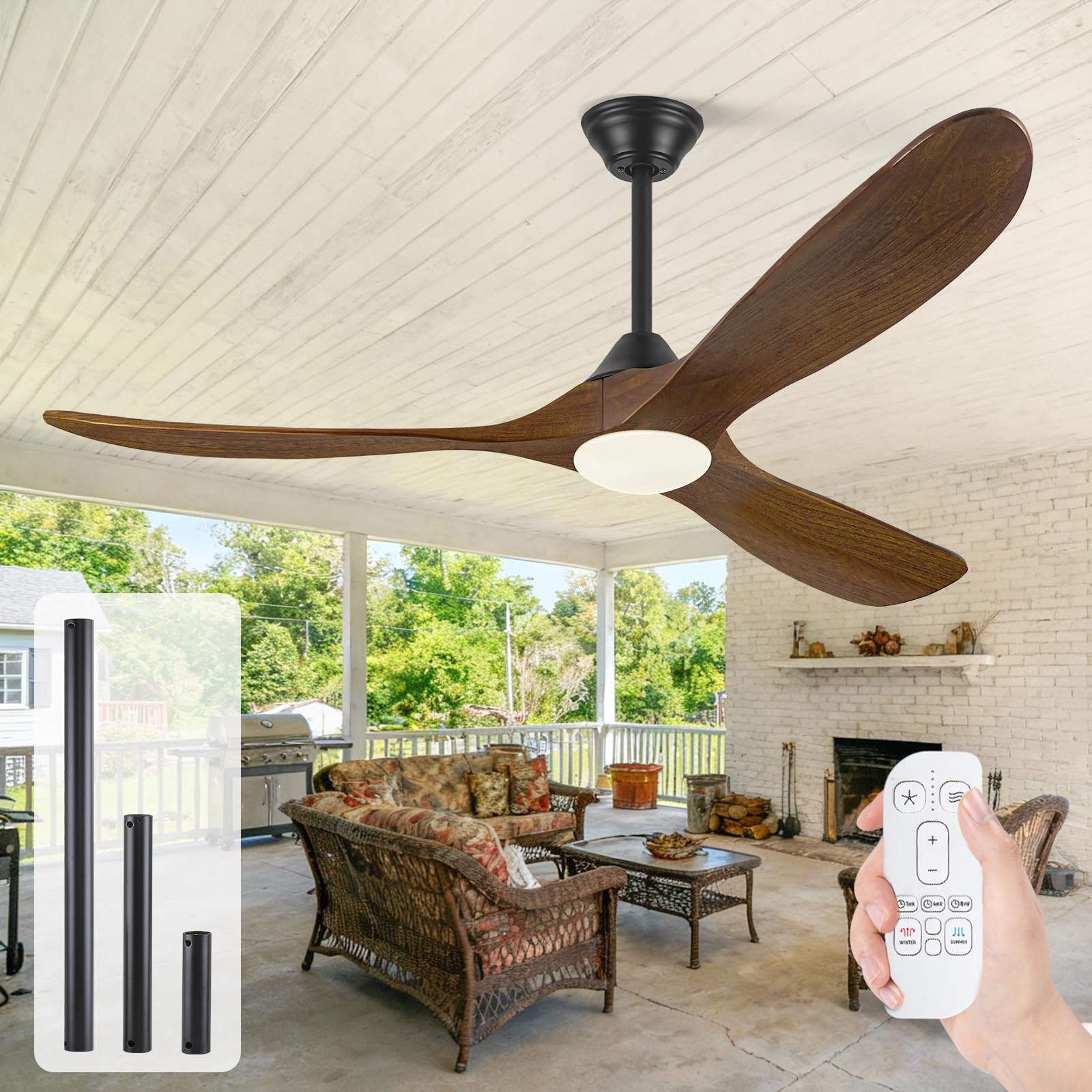 Ventilador De Techo De Madera De 178 Cm, Ventilador De Techo Exterior De 3 Aspas Con Luz, Control Remoto, Interior De Cc Silencioso Moderno, Temporizador De 6 Velocidades, Con 3 Barras Para Colgar
